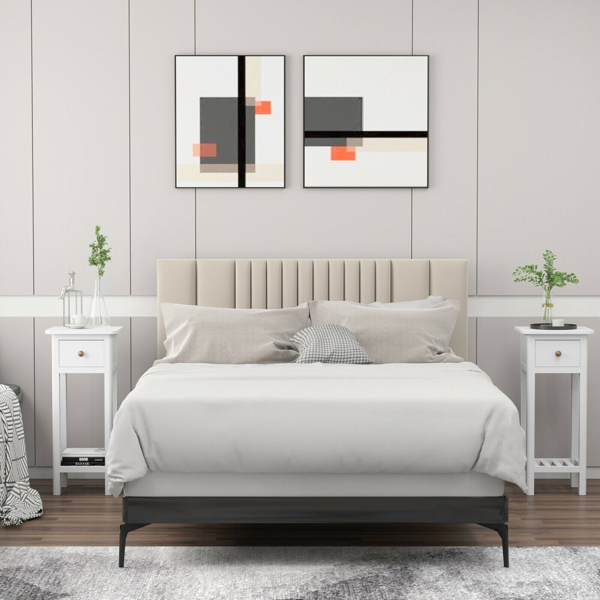 Alt View 1. Costway - Costway 2PCS 2 Tier End Bedside Sofa Side Table with Drawer Shelf Acacia Wood Nightstand - White.