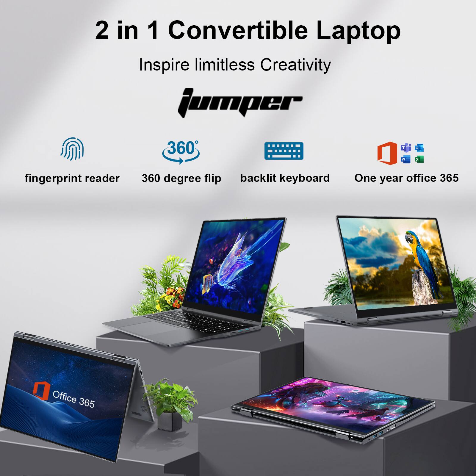 2 in 1 Convertible Laptop Inspire limitless Creativity jumper 360 degree flip backlit keyboard fingerprint reader One year office 365 Office 365