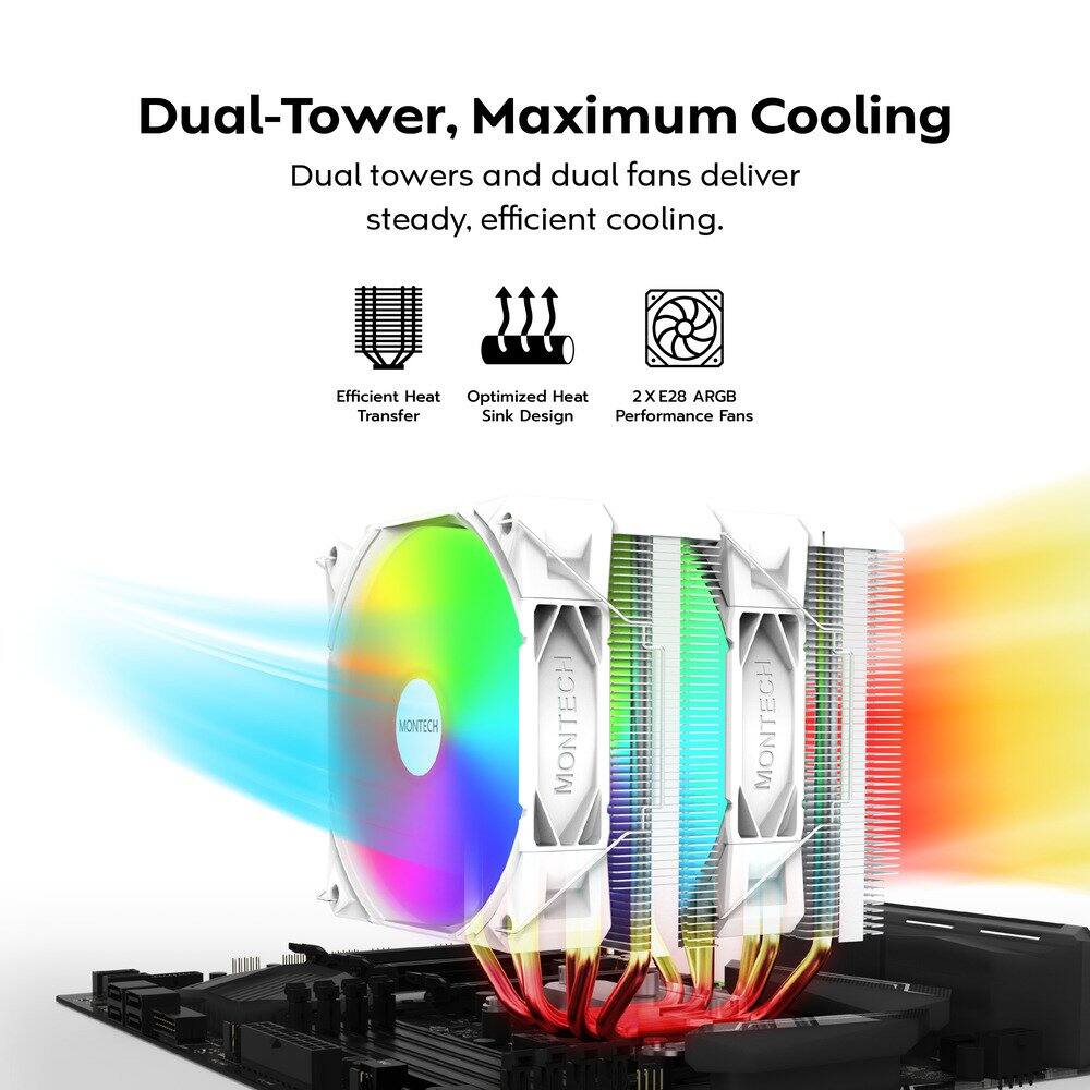 Dual-Tower, Maximum Cooling

Dual towers and dual fans deliver steady, efficient cooling.

- Efficient Heat Transfer
- Optimized Heat Sink Design
- 2X E28 ARGB Performance Fans