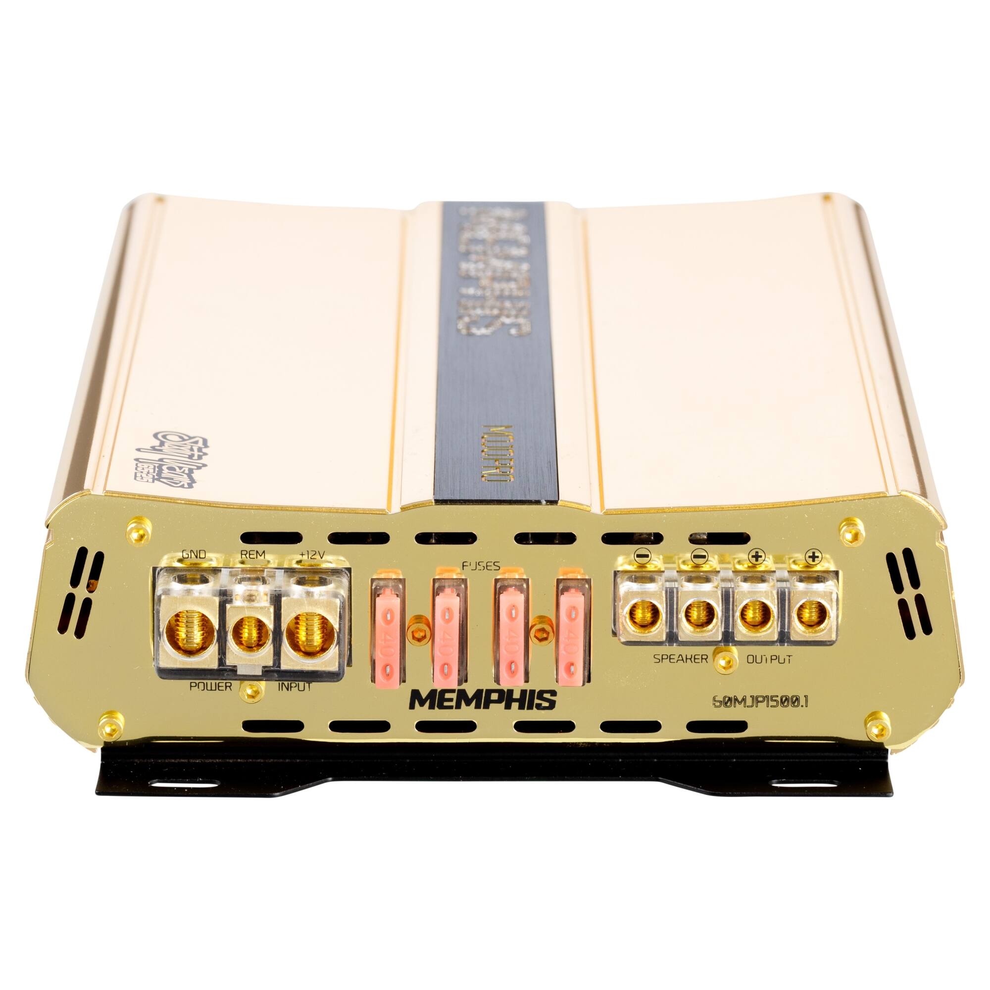 Sure, here is the corrected and grouped text from the image:

---

**MEMPHIS**

**SOMJP1500.1**

**POWER IN**

**GND REM +12V**

**FUSES**

**SPEAKER OUTPUT**

**SOMJP1500.1**

---

This text is organized based on the labels and components visible on the amplifier.