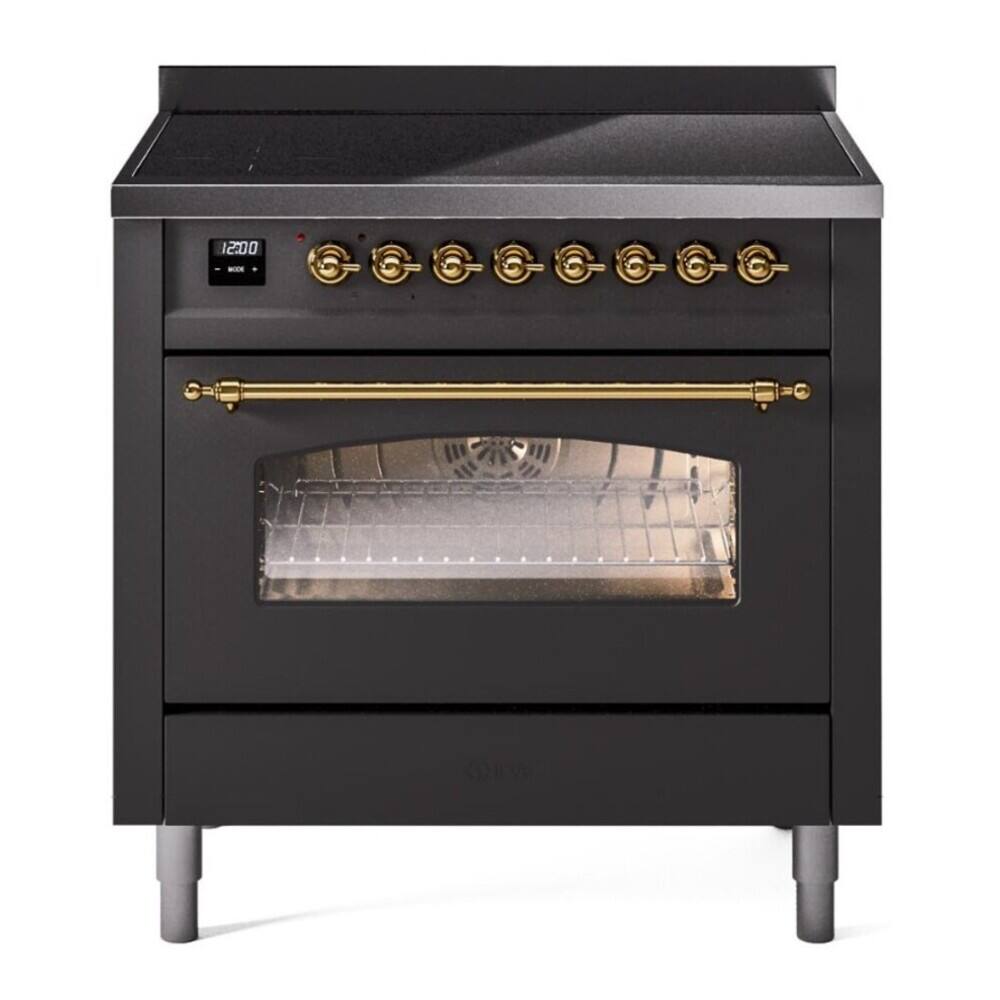 Front. iLive - ILVE Nostalgie II 36 inch Induction Range with 6 Elements (Triple Glass Door, Graphite Matte, Brass) - Graphite Matte.