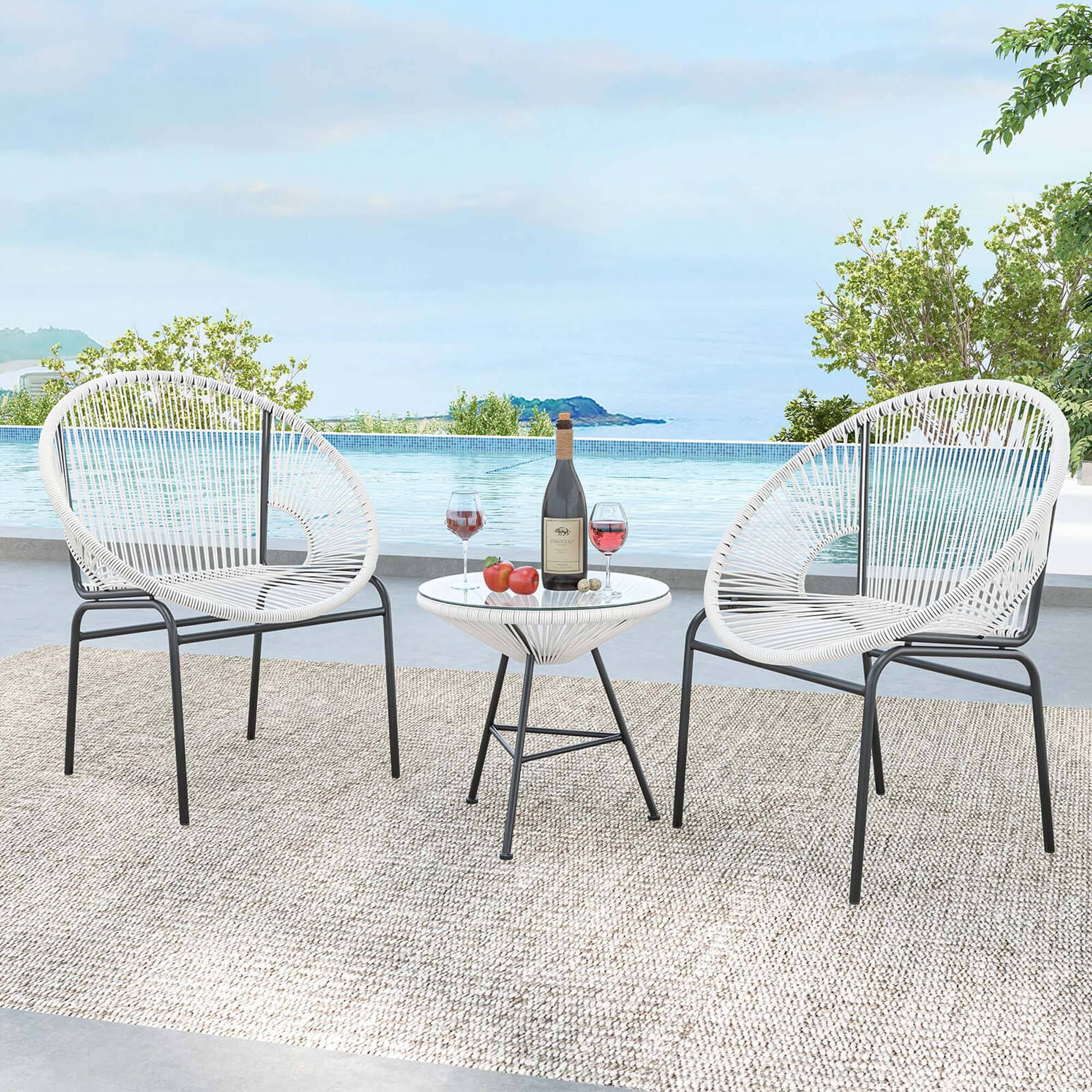 Alt View 4. Costway - 3 PCS Patio Acapulco Furniture Bistro Set Plastic Rope Glass Table - White.