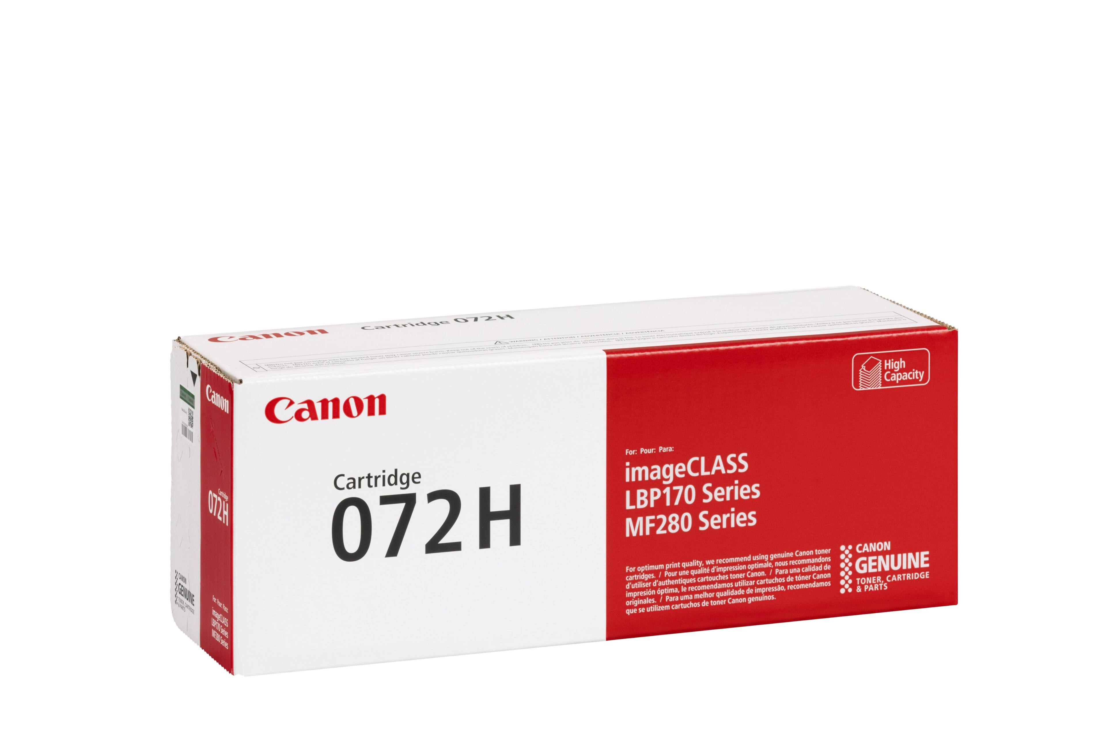 Canon imageCLASS S LBP170 Series 072H Cartridge Collon High Capacity Cann Canon For: Pour: Para: Cartridge imageCLASS S LBP170 Series 072H 072H MF280 Series Canon toner CANON recommend using genuine recommandans For optimum Pour print une quality, qualt wre 'impression Canon. optimale / mous Para ana calidad de GENUINE MT cartridges. cartouches toner toner Canon CARTRIDGE 'authentiques cartuchos de TONER, d'utilliner recomendamos recomendamos PARTS ptima. le de impressn & ERE 2 impresin originales. I Para cartuches uma melhor de foner qualidade Canon genuinos. - que se utilizem.