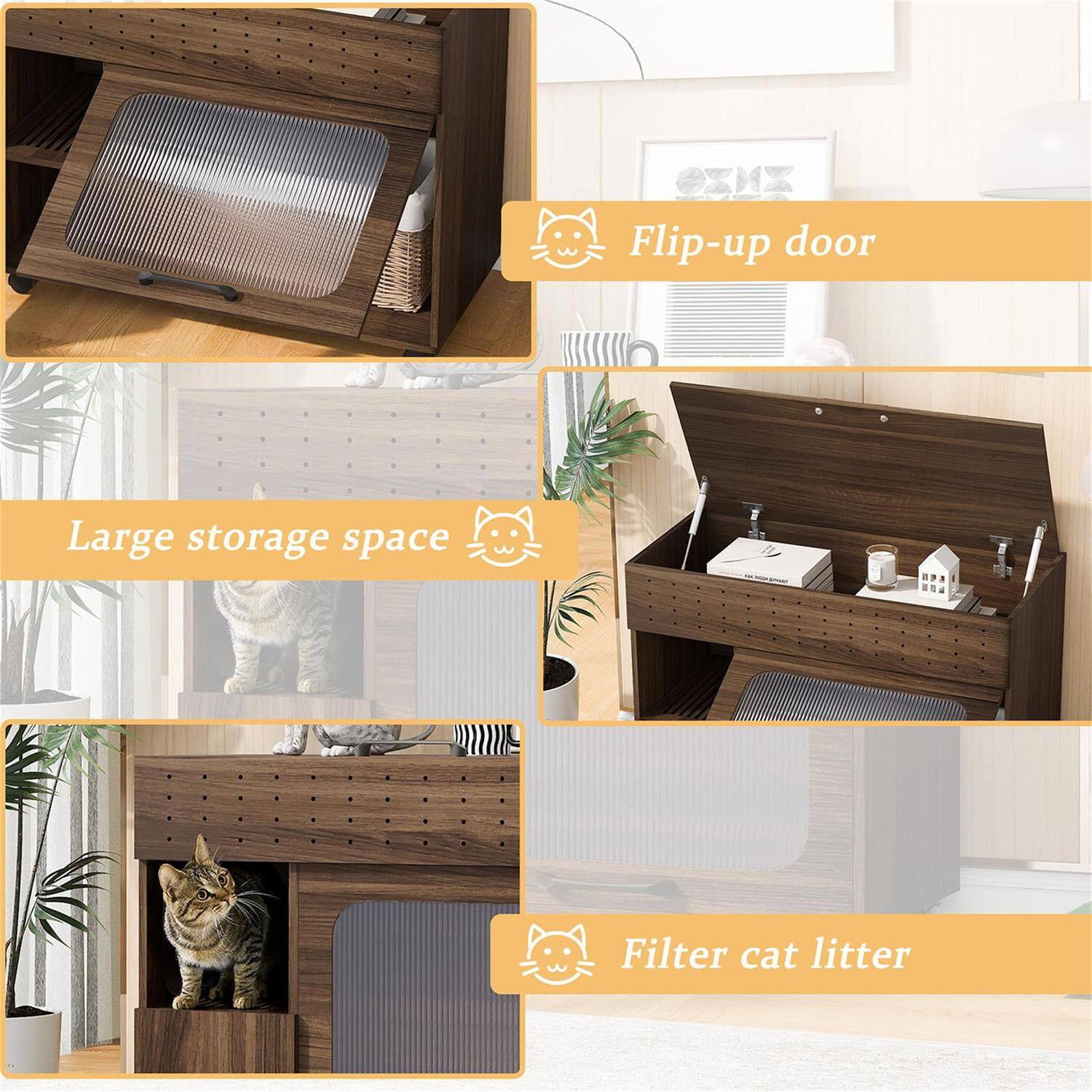 - Flip-up door
- Large storage space
- Filter cat litter