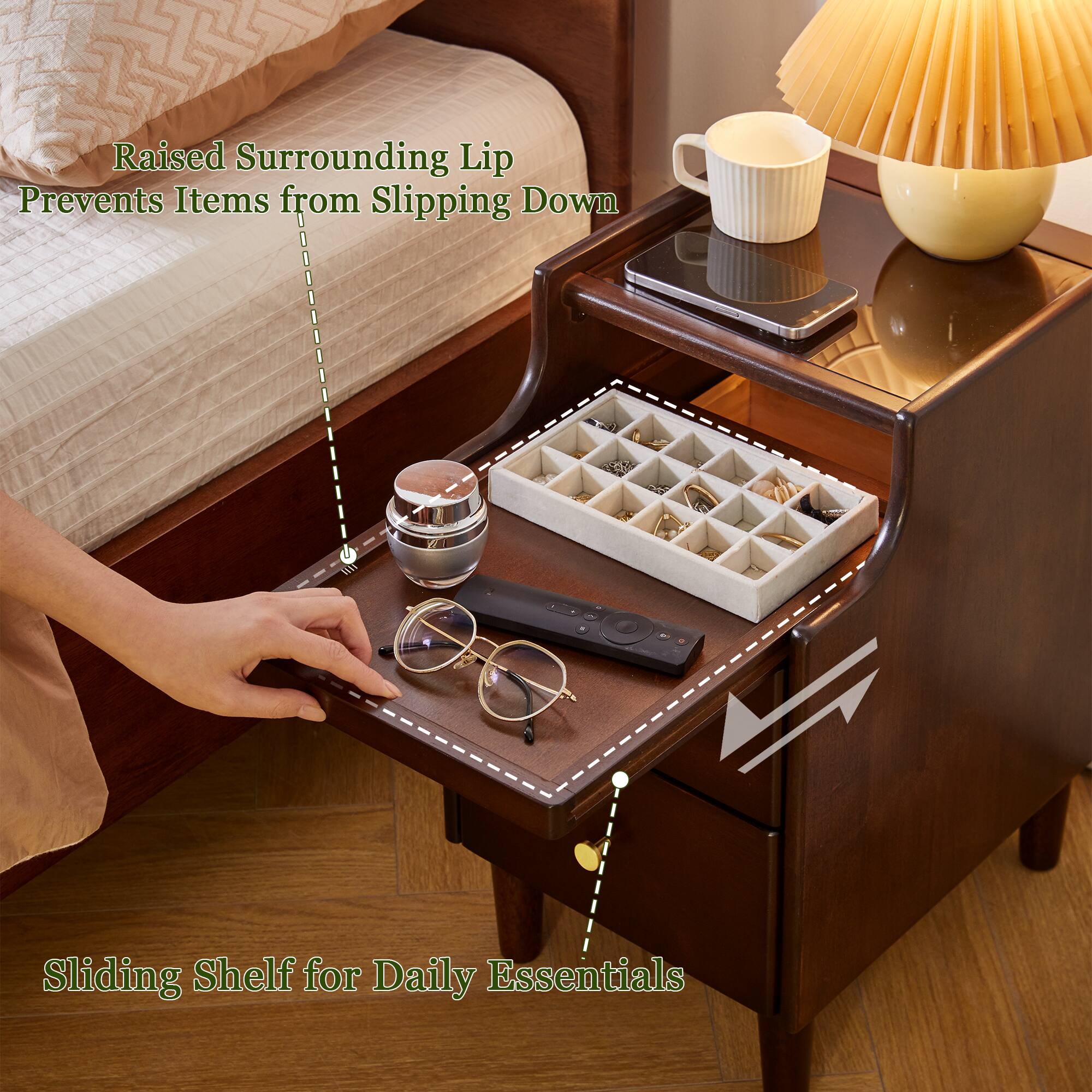 Raised Surrounding Lip Prevents Items from Slipping Down  
Sliding Shelf for Daily Essentials