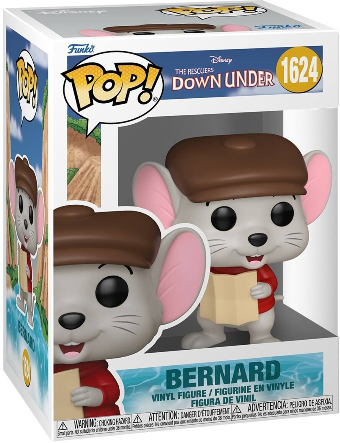 Sure, here is the corrected and grouped text from the image:

---

**Top Left:**
- Funko POP!
- Disney
- THE RESCUERS DOWN UNDER
- 1624

**Top Right:**
- Funko POP!
- BERNARD

**Bottom Left:**
- WARNING: CHOKING HAZARD. Small parts. Not suitable for children under 36 months.
- ATTENTION: DANGER D'ÉTOUFFEMENT. Petites pièces. Ne convient pas aux enfants de moins de 36 mois.
- ADVERTENCIA: PELIGRO DE ASFIXIA. Partes pequeñas. No es adecuado para niños menores de 36 meses.

**Bottom Center:**
- VINYL FIGURE / FIGURINE EN VINYLE / FIGURA DE VINIL

**Bottom Right:**
- BERNARD

---