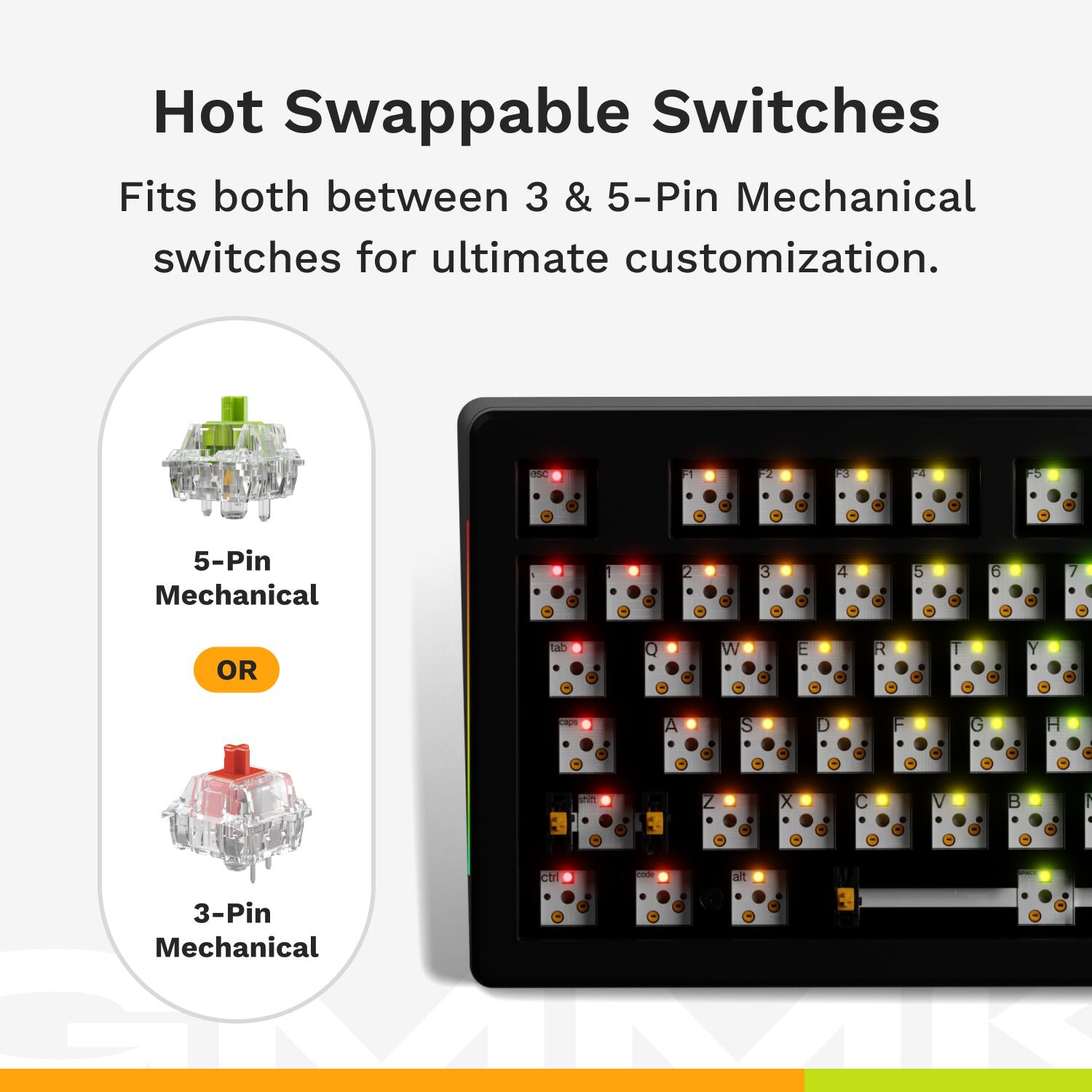 Hot Swappable Switches: Fits both between 3 & 5-Pin Mechanical switches for ultimate customization.

F1: 23 F
5-Pin Mechanical: 2 3 C 4 5 7 OR tab 0 W - E R Y  A S . SR Z X V - ct P alt
3-Pin Mechanical: