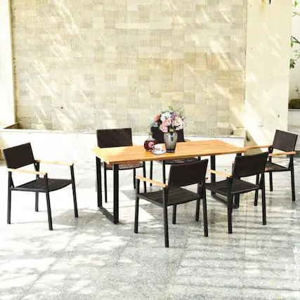 Front. Mondawe - Patented 7 Pieces Outdoor Dining Set with Large Acacia Wood Table Top - Black.