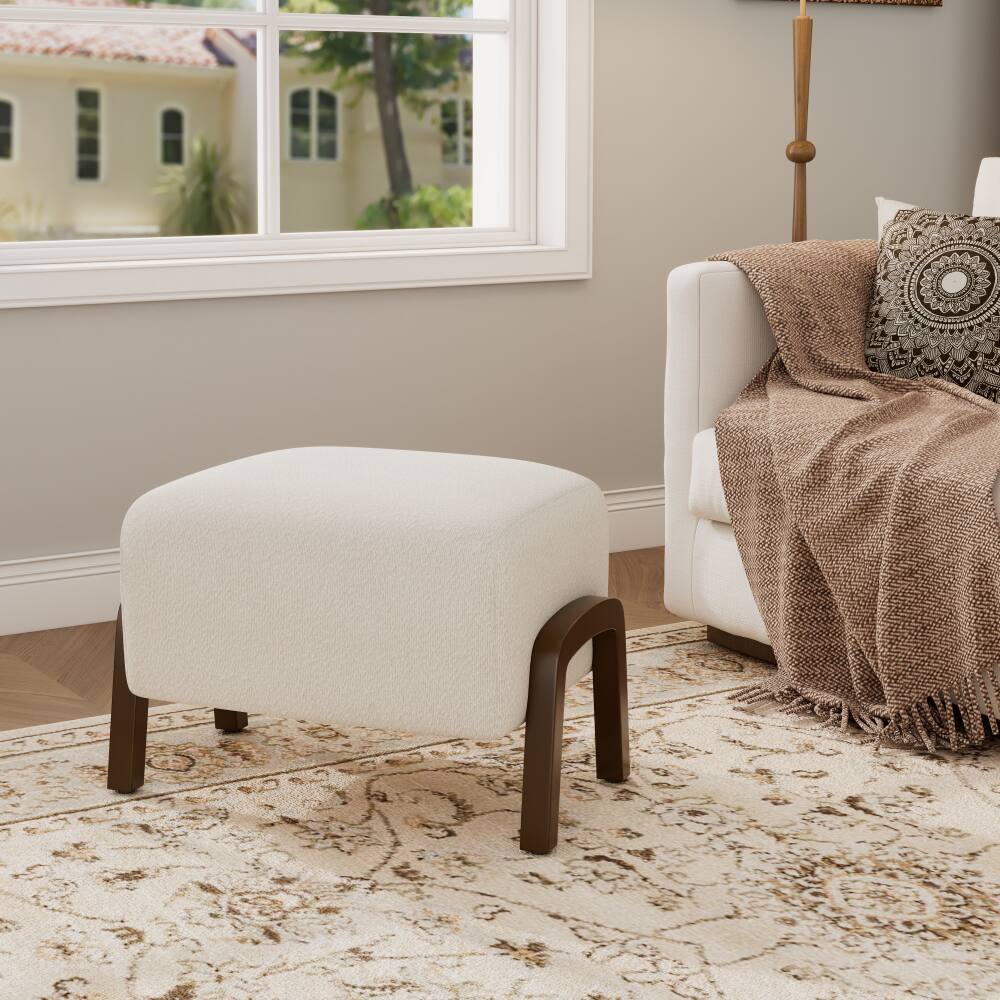 Angle. PDTEND - Contemporary White Upholstered Ottoman with Wooden Legs - White.