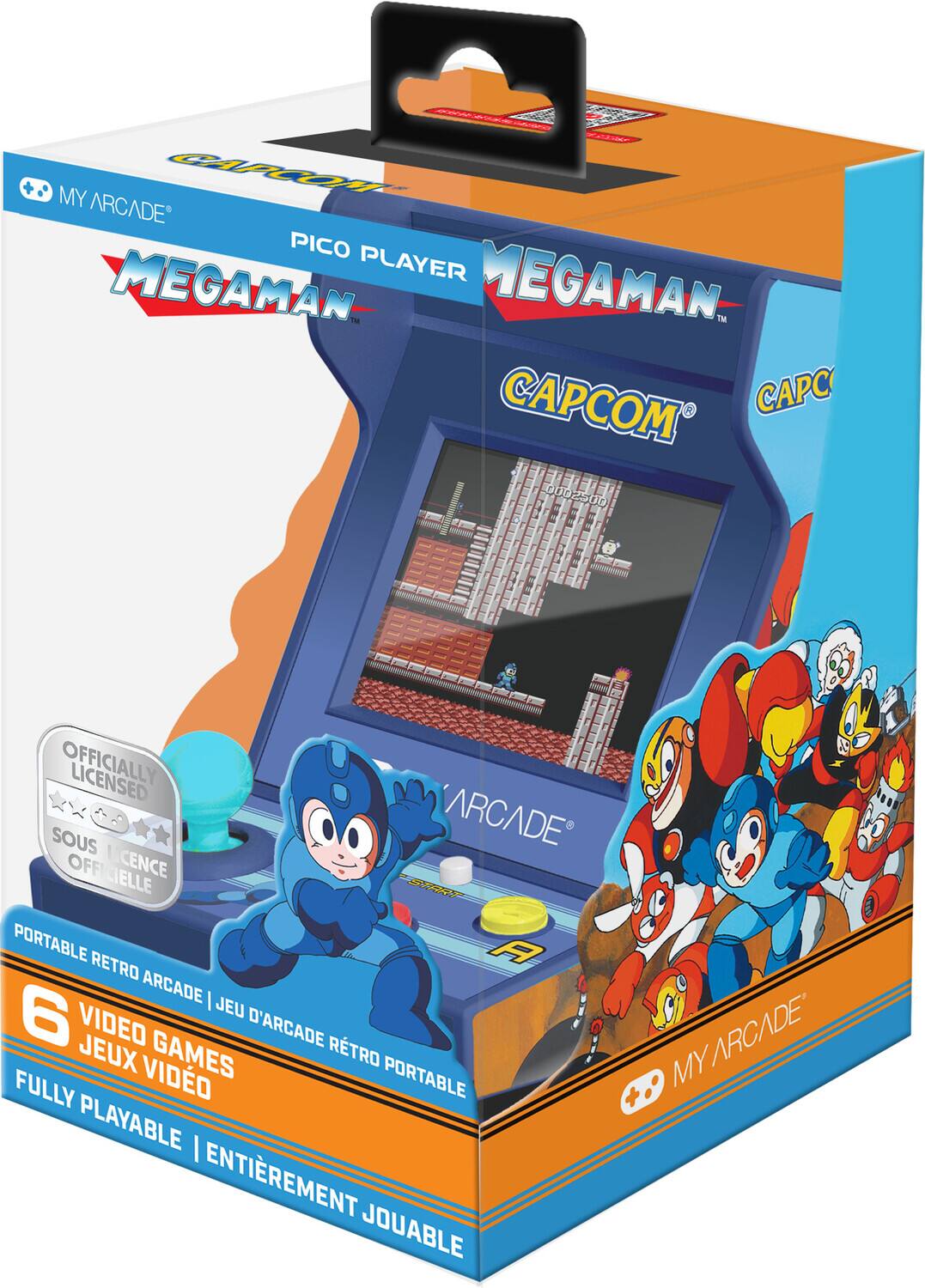 MY ARCADE  
PICO PLAYER  
MEGAMAN  
CAPCOM  

OFFICIALLY LICENSED  
SOU L'OFFICIELLE  

PORTABLE RETRO ARCADE | JEU D'ARCADE RETRO PORTABLE  
6 VIDEO GAMES | JEUX VIDEO  
FULLY PLAYABLE | ENTIEREMENT JOUABLE  

CAPCOM  
CAPC