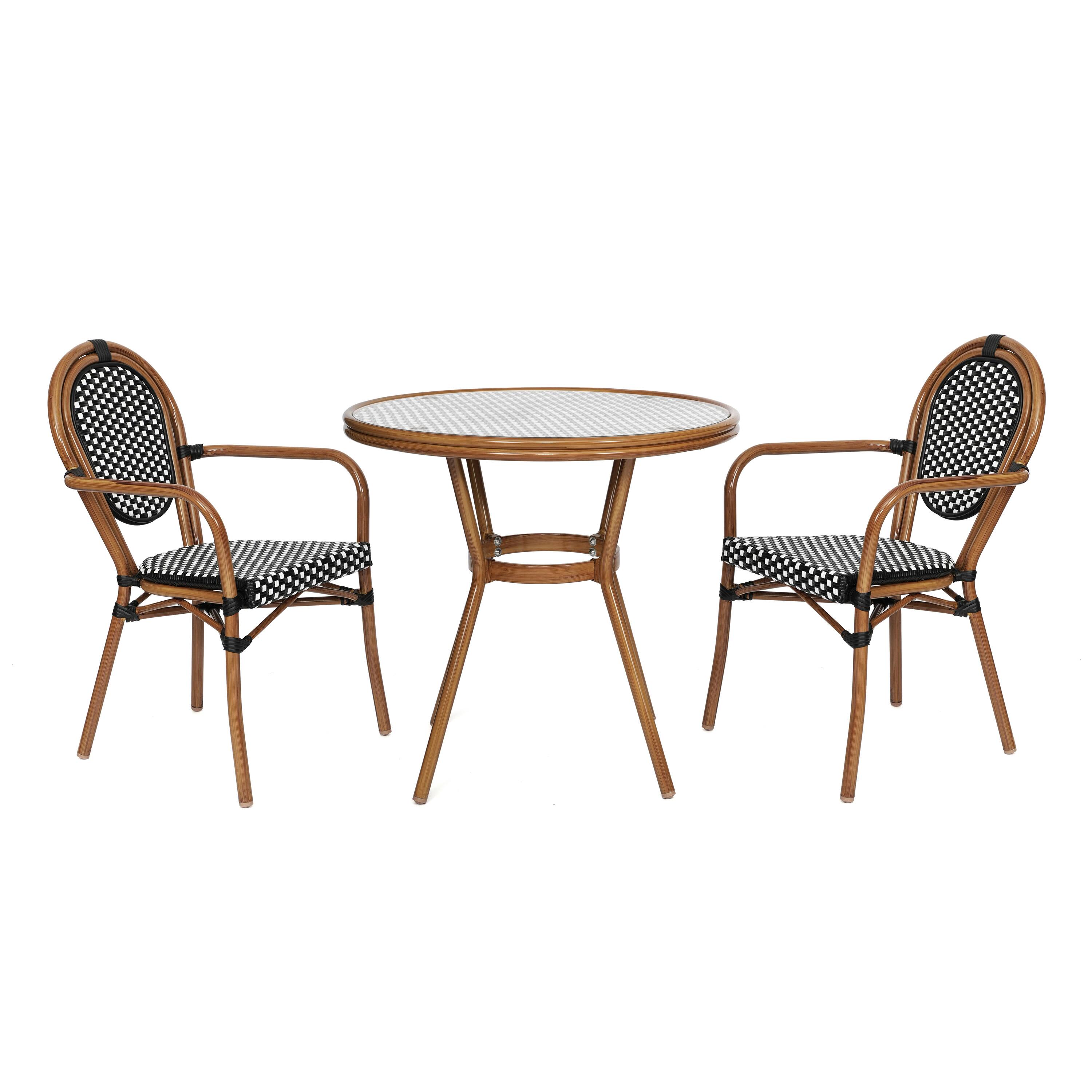Emma + Oliver - Colmar Indoor/Outdoor Bistro Style 31.5 in. Table with PE Rattan, Glass Top, and Two Chairs - Metal Frame - Black & White Rattan/Natural Frame