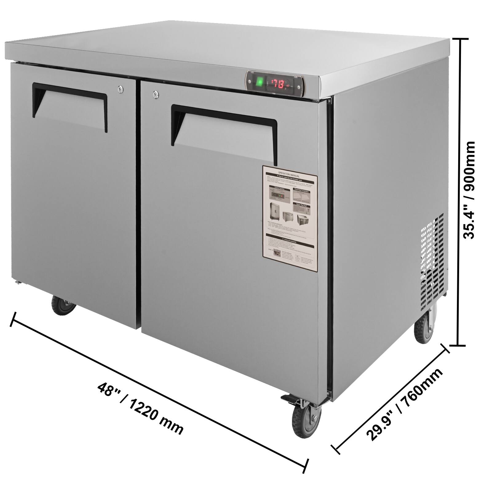 - Width: 48" / 1220 mm
- Depth: 29.9" / 760 mm
- Height: 35.4" / 900 mm