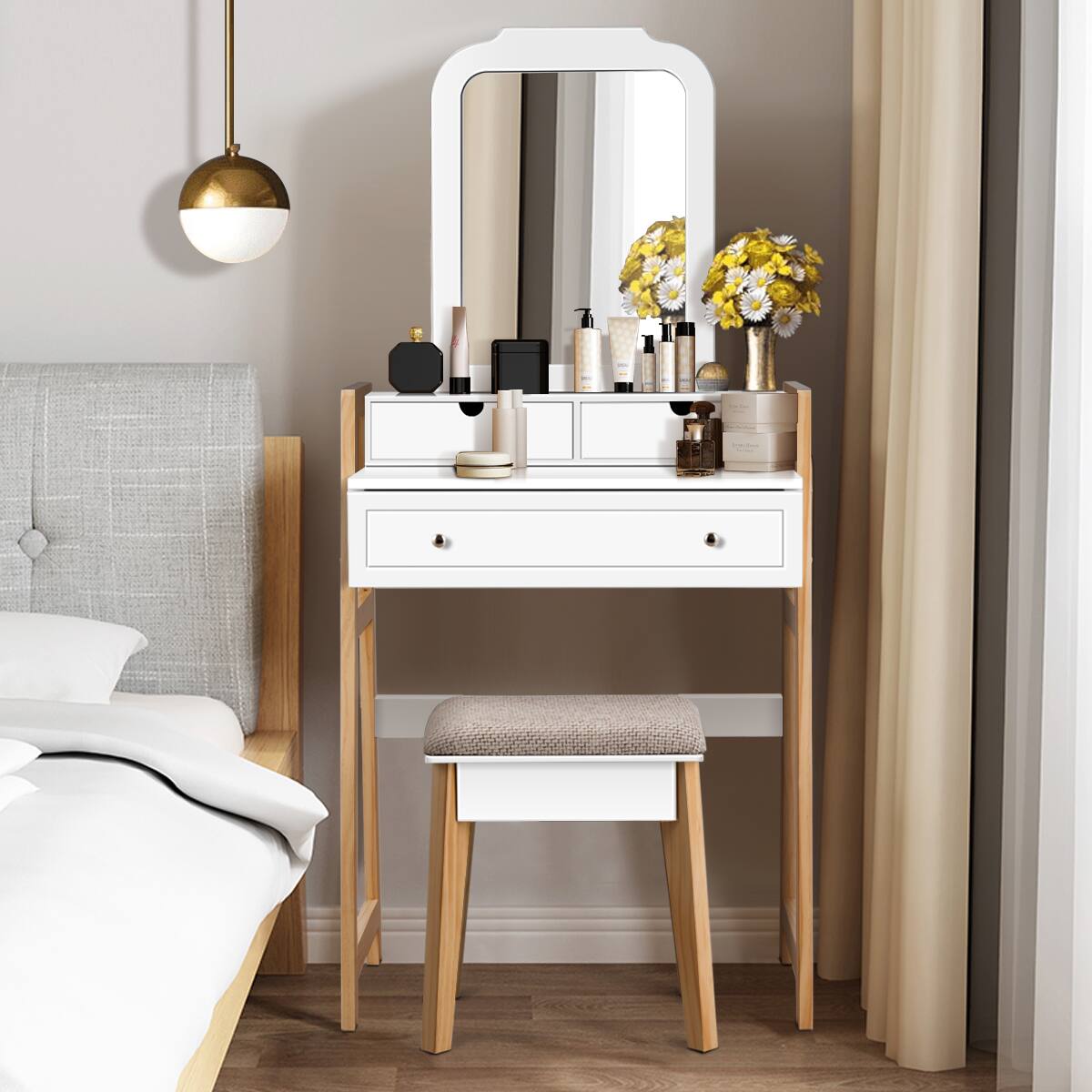 Alt View 5. Costway - Costway Makeup Vanity Table Dressing table Cushioned Stool Set - White,Natural.