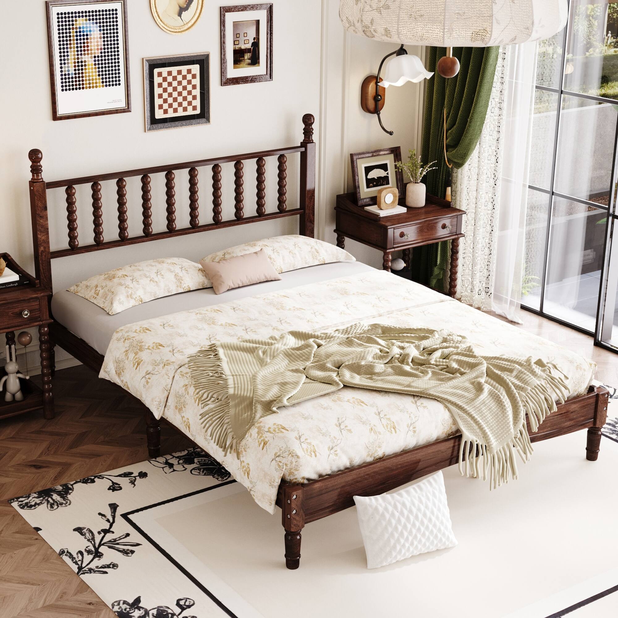 Angle. GOODSILO - Queen Size Retro Wood Platform Bed with Gourd Shaped Headboard and Wooden Slat Support - Walnut.