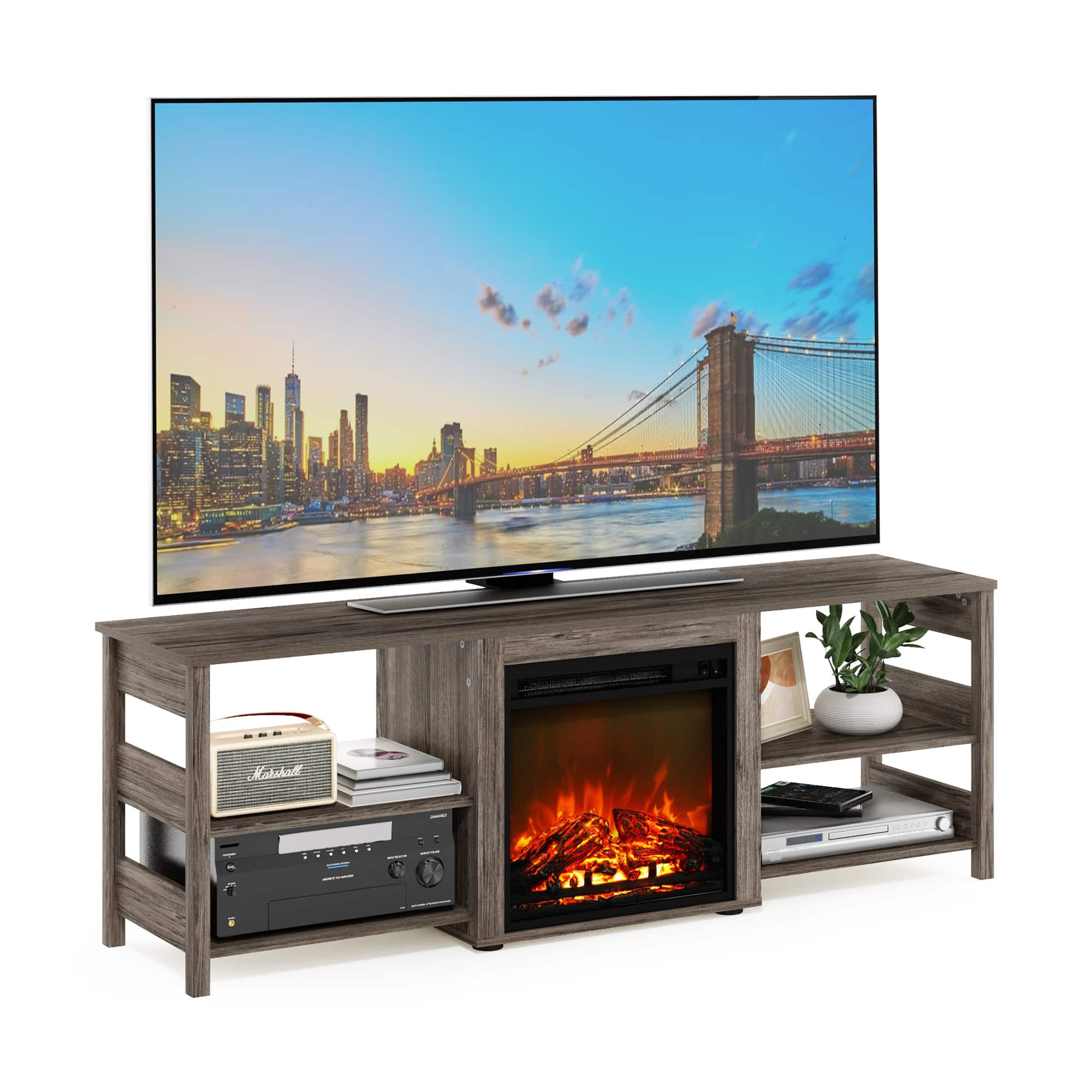 Furinno - CLASSIC Fireplace TV Stand, Entertainment Center, with Open Shelf, for Living Room - Grey Oak