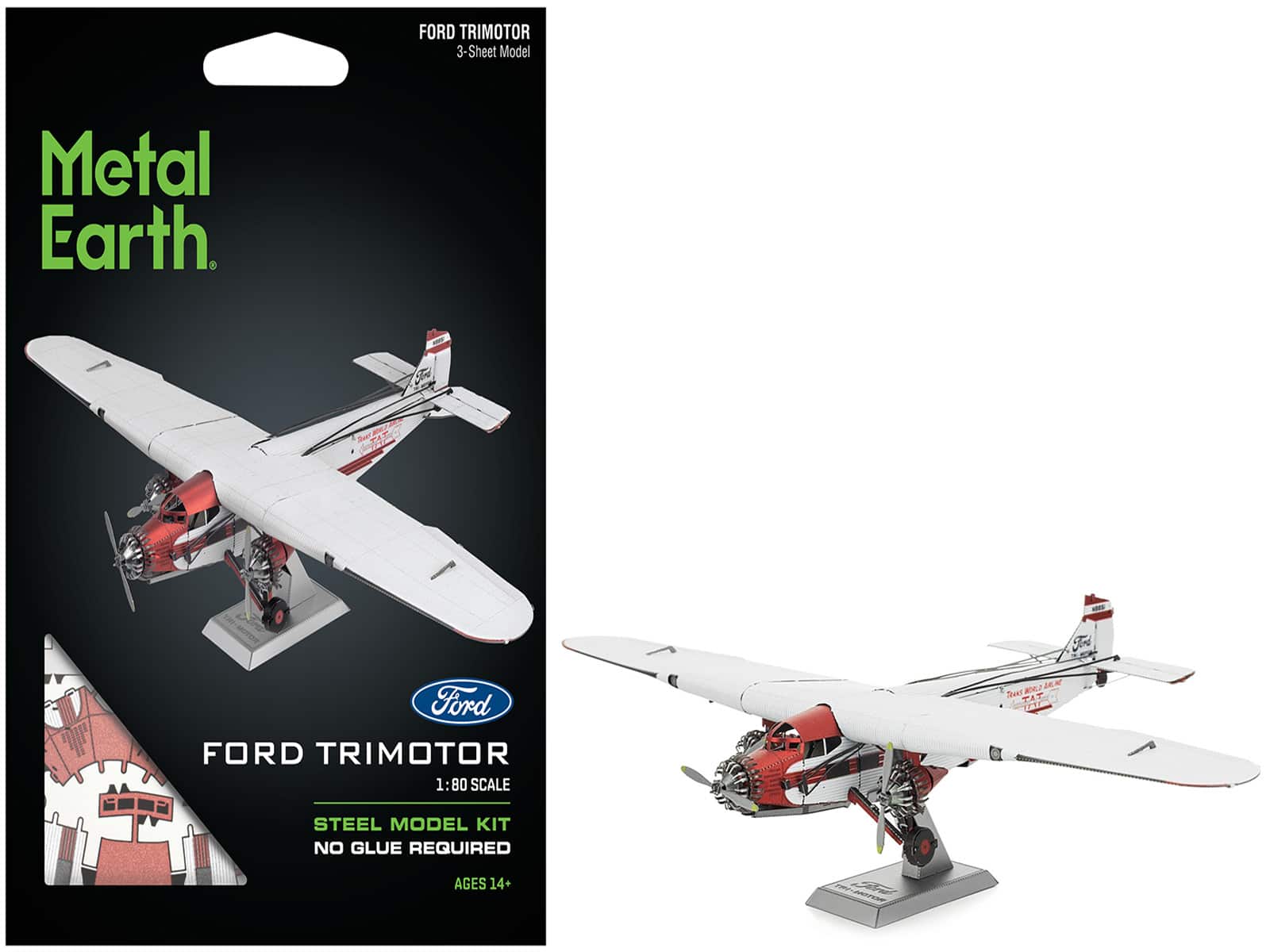 Model Kit Ford Trimotor Transport Aircraft (Moderate Difficulty) Steel Model by Metal Earth - White and Red