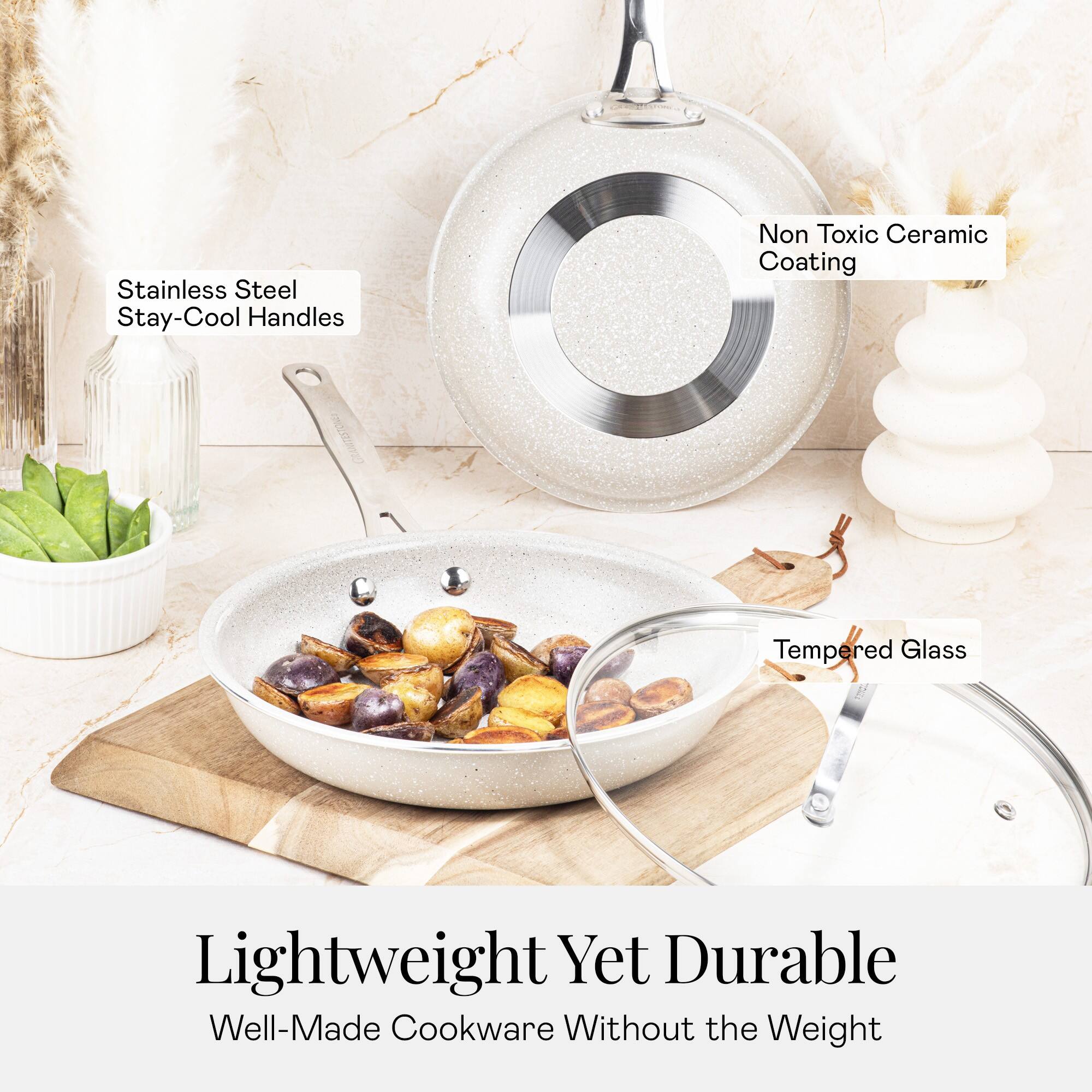 Lightweight Yet Durable, Well-Made Cookware Without the Weight, Stainless Steel Stay-Cool Handles, Non Toxic Ceramic Coating, Tempered Glass