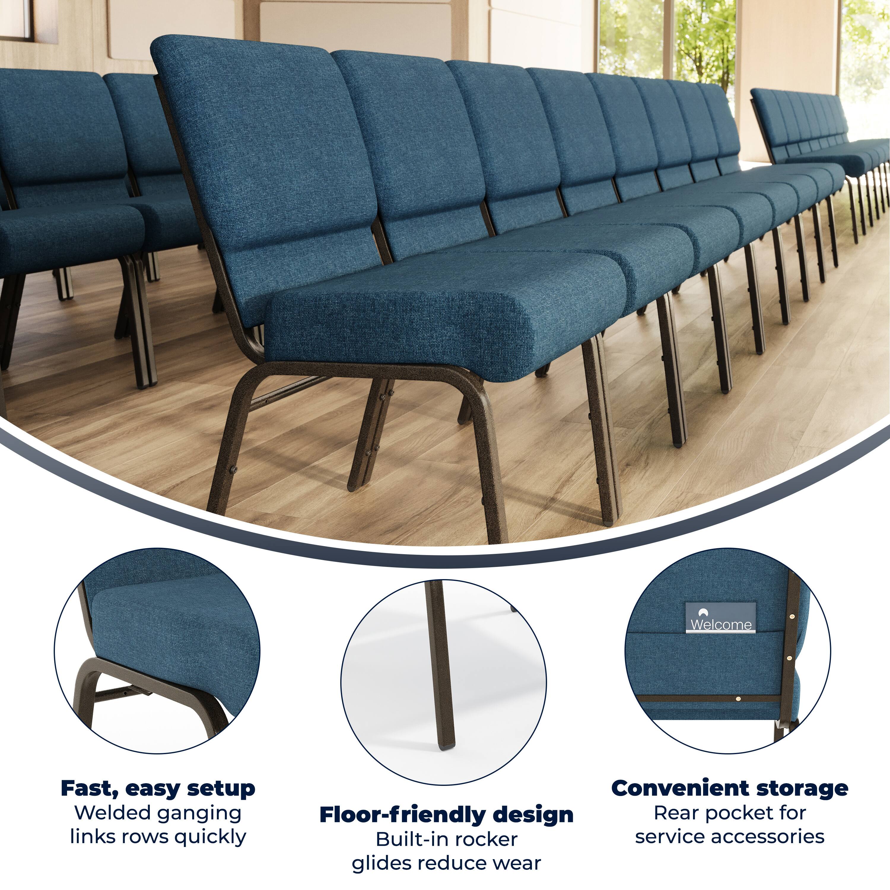 Welcome

Fast, easy setup  
Welded ganging links rows quickly

Convenient storage  
Rear pocket for service accessories

Floor-friendly design  
Built-in rocker glides reduce wear