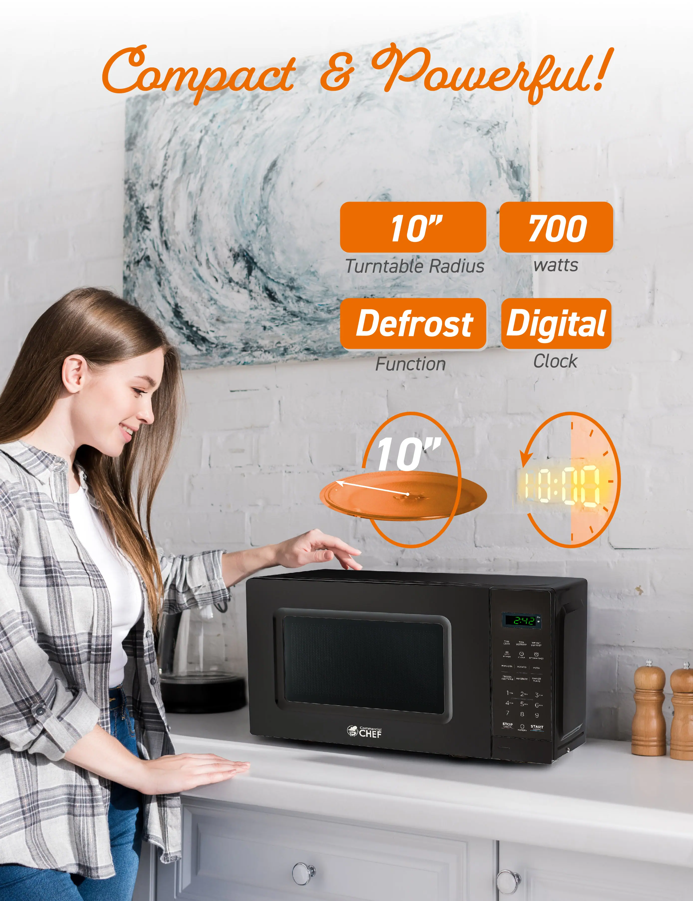 Compact & Powerful! 10" Turntable Radius 700 watts Defrost Digital Function Clock 10" 10:00 242