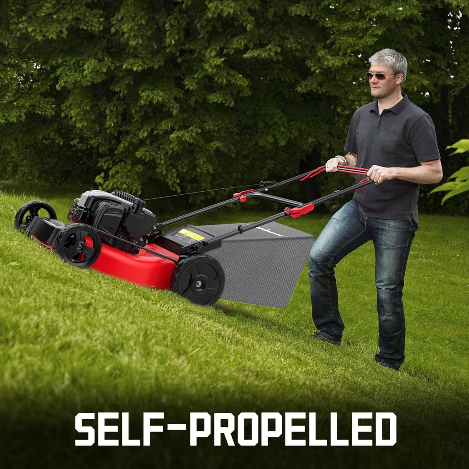 Left. POWERSMART - 21-Inch Self-Propelled Gas Lawn Mower,140cc Briggs & Stratton E550 Engine, 2-in-1 Mulching & Bagging,Steel Deck - Red.