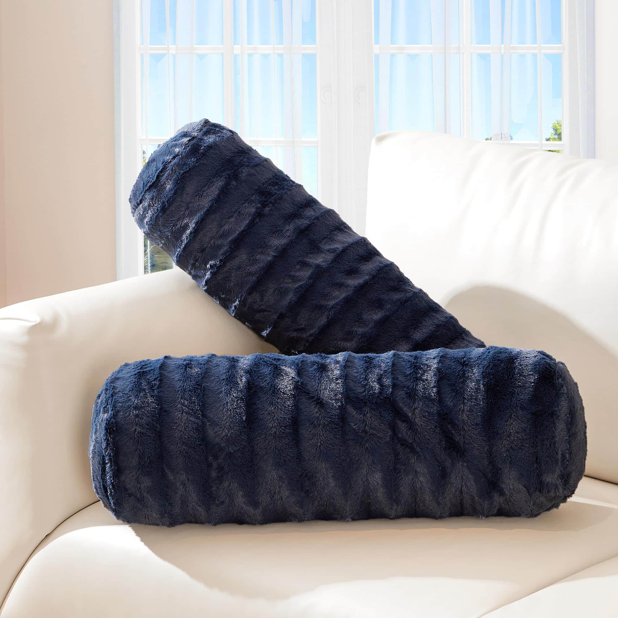 Cheer Collection - Set of 2 Faux Fur Decorative Bolster Roll Pillows - Blue