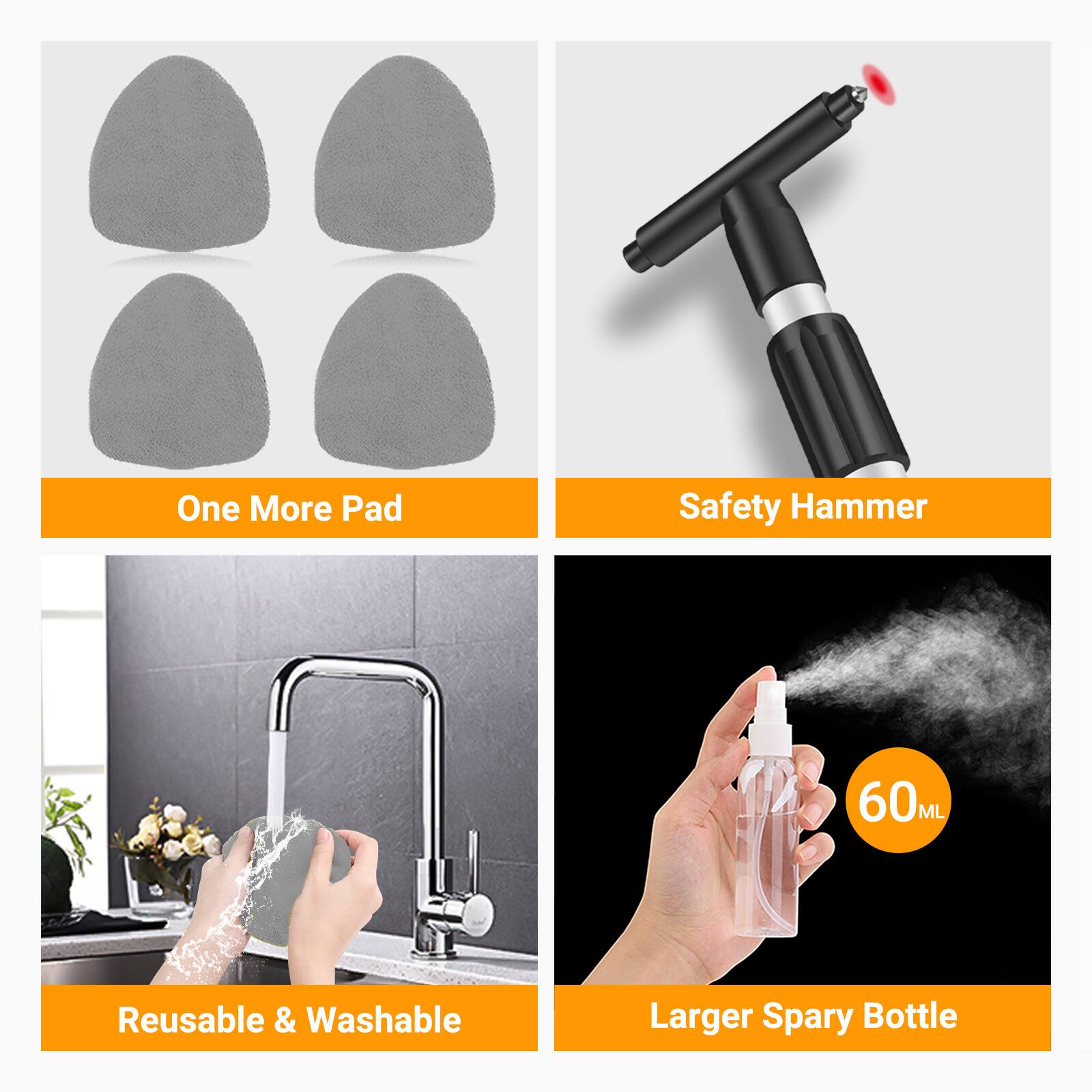 One More Pad  
Safety Hammer  
Reusable & Washable  
Larger Spray Bottle  
60ML