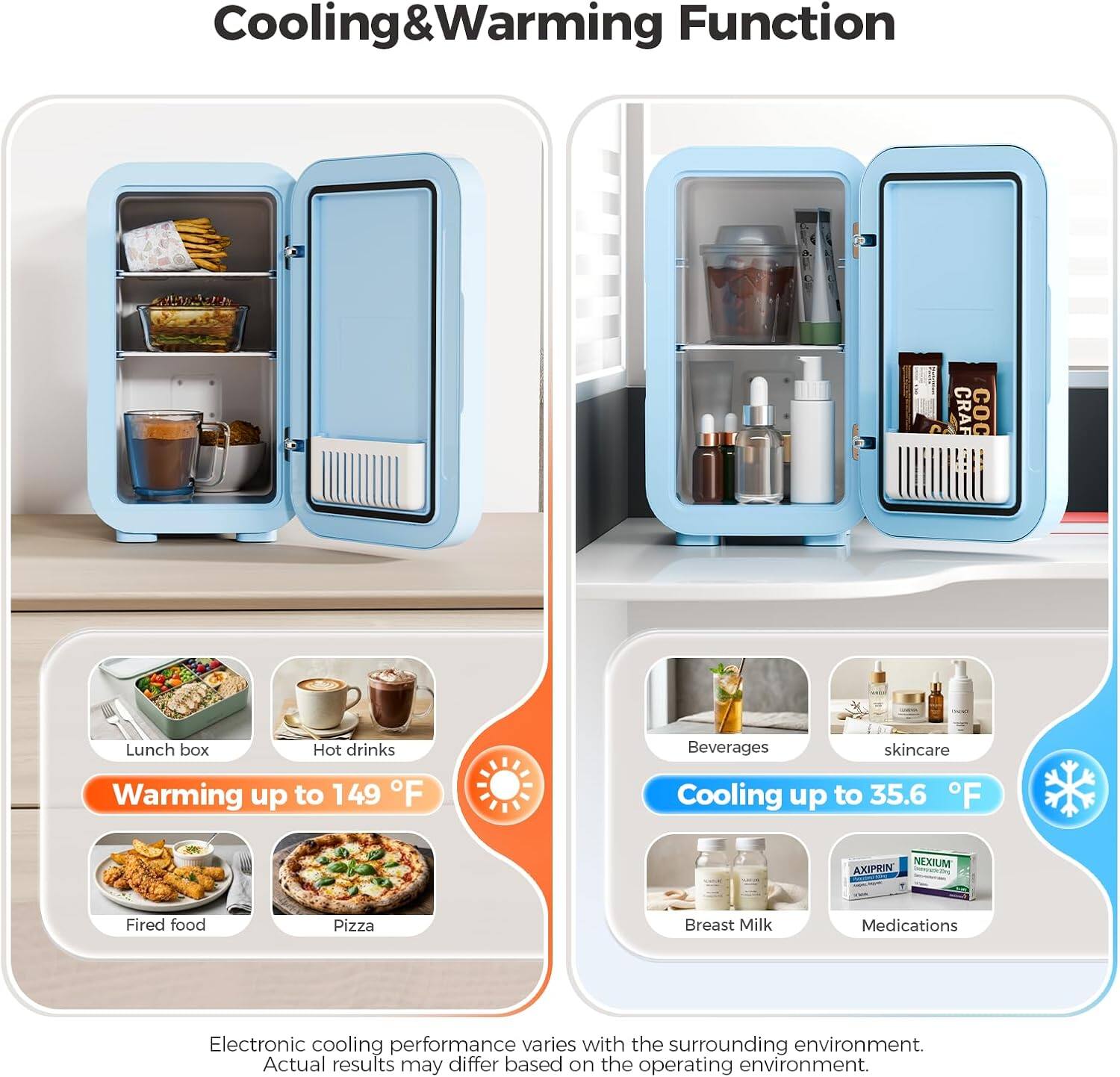 Cooling & Warming Function

Lunch box
Hot drinks
Beverages
skincare
Warming up to 149°F
Cooling up to 35.6°F
Fired food
Pizza
Breast Milk
Medications

Electronic cooling performance varies with the surrounding environment. Actual results may differ based on the operating environment.