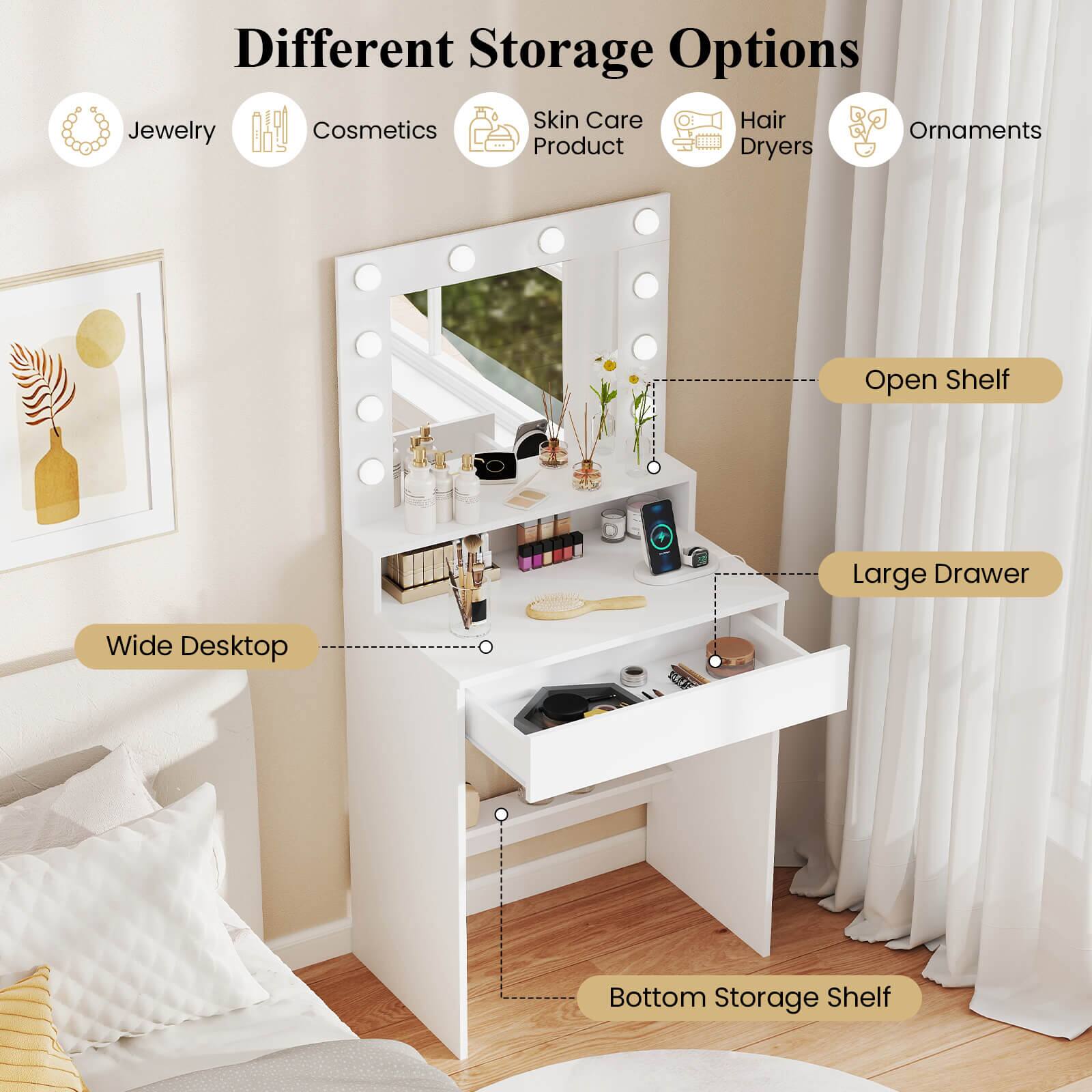 Different Storage Options: Skin Care, Hair, Jewelry, Cosmetics, Ornaments, Product, Dryers, Open Shelf, Large Drawer, Wide Desktop, Bottom Storage Shelf.