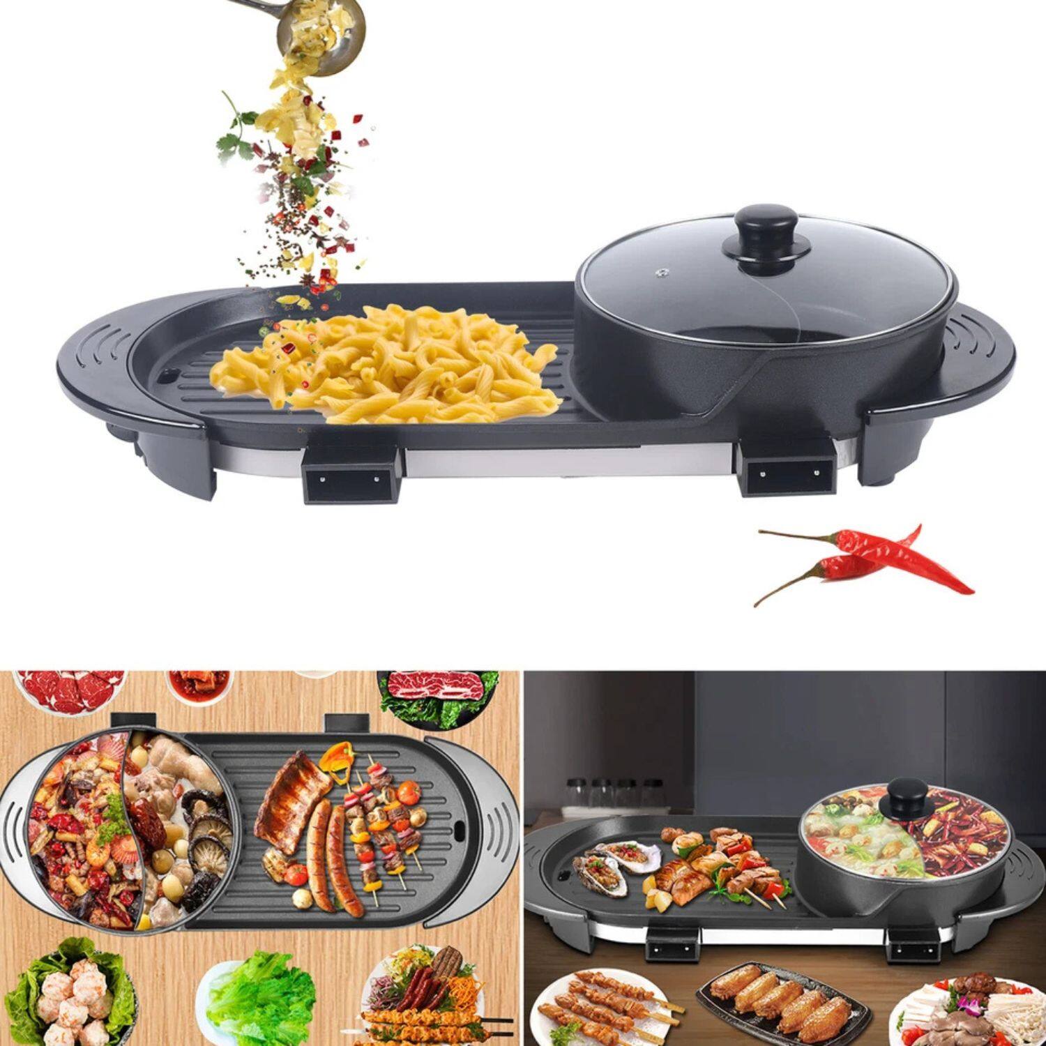Alt View 3. Home Collection - 2-in-1 Electric Hot Pot with Grill – Shabu-Shabu Pot & Barbecue Grill Combo - Black / Silver.