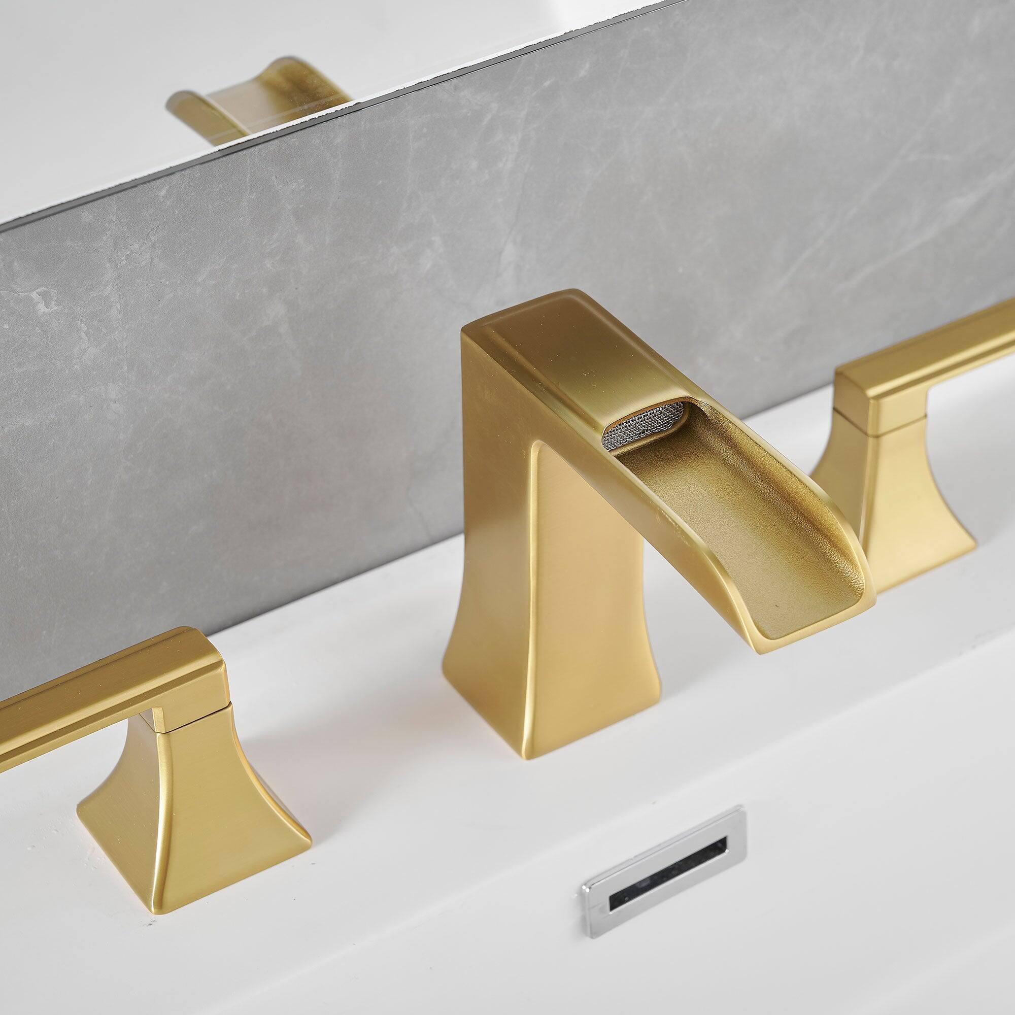 Angle. Boyel Living - Modern 8 Inch Widespread Double Handle Brass Bathroom Faucet with Pop Up Drain and Water Supply Hoses in Brushed Gold - Brushed Gold.