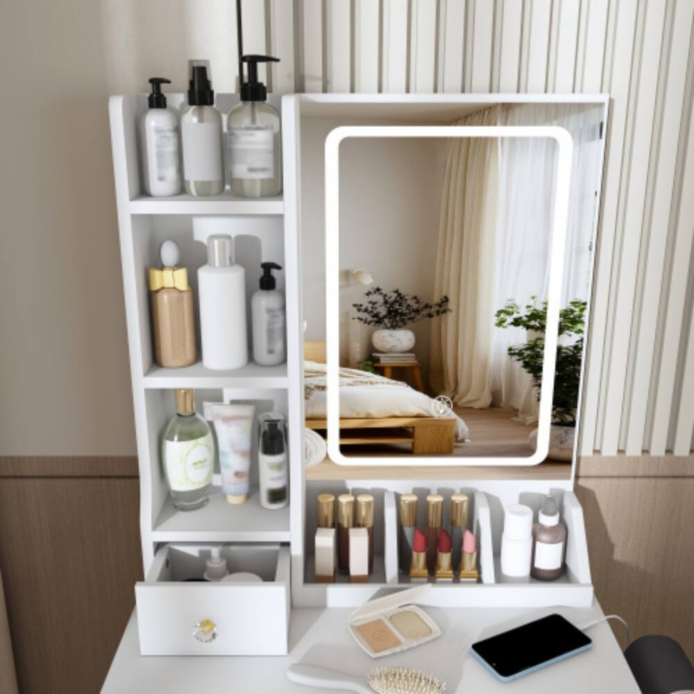 Alt View 2. LUCKY ONE - Small Vanity Desk with 3-Mode LED Mirror, 3 Drawers, Open Shelves, Power Socket and Chair - White.