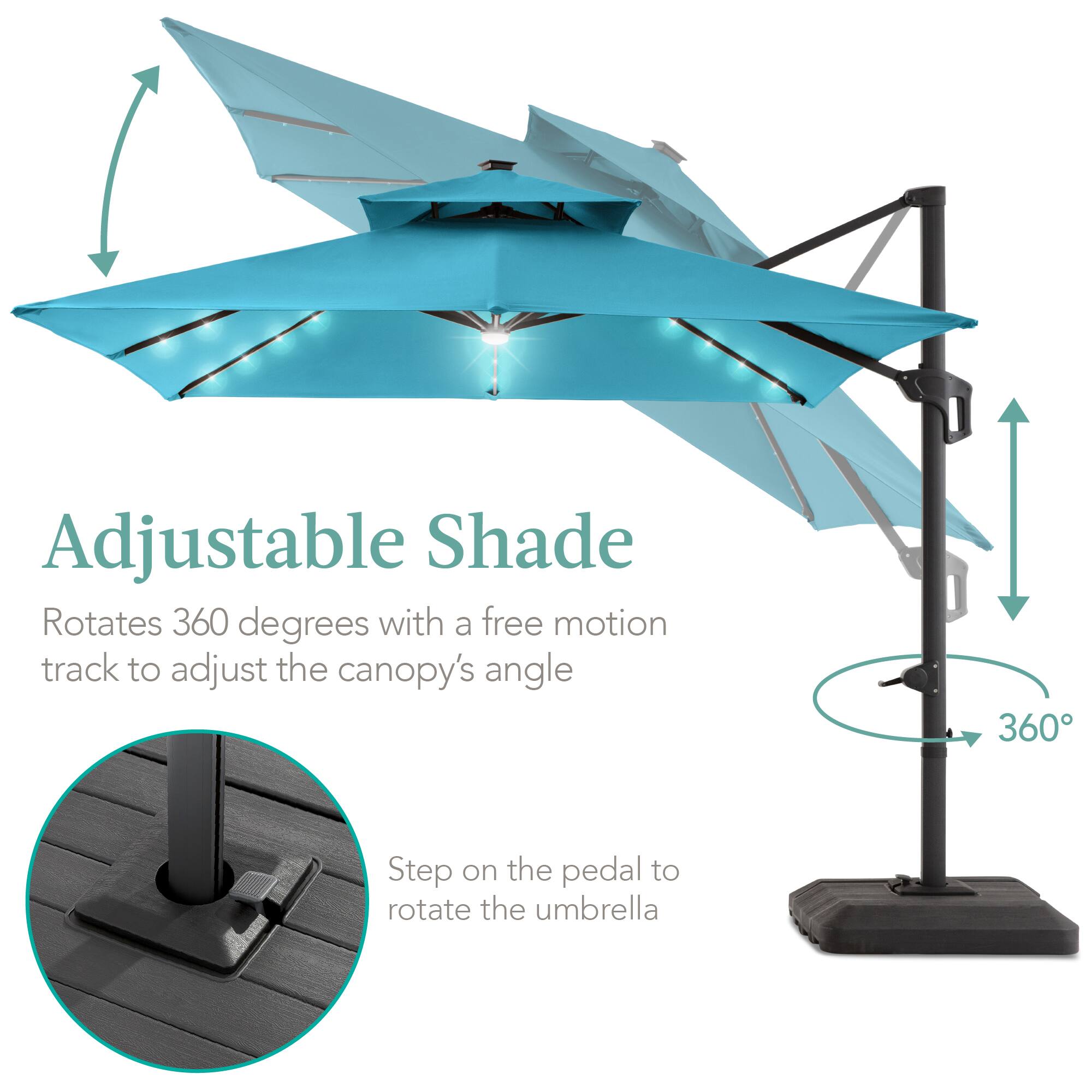 Adjustable Shade  
Rotates 360 degrees with a free motion track to adjust the canopy's angle  

Step on the pedal to rotate the umbrella