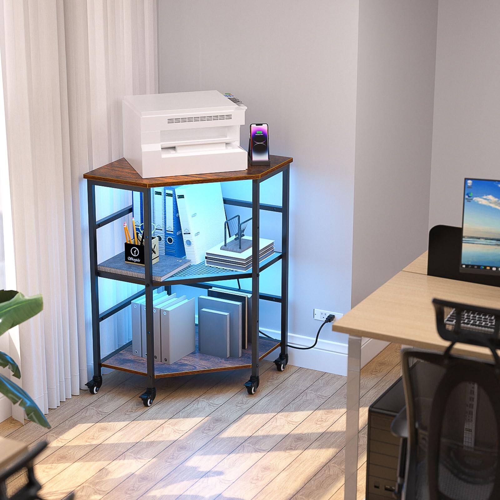 Alt View 3. PO3TICJUNKI3 - Corner Printer Stand Table With Power Outlet Charging Plugs Usb Port & Led Lights 3-tier Wheel Metal Frame ... - Default.