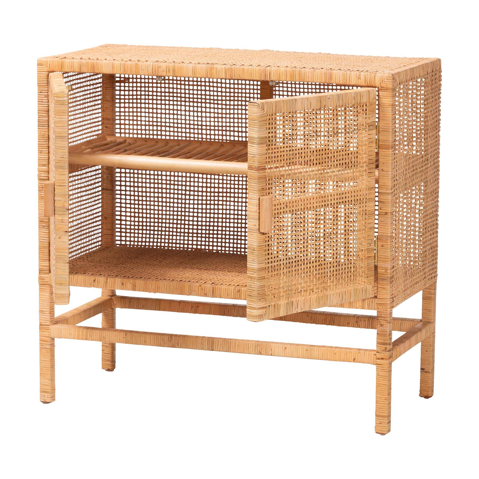 Angle. bali & pari - Vivan Natural Rattan Storage Cabinet - 2-Tier Handwoven Wicker Accent Cabinet with Double Doors and Elevated Base - Natural Brown.