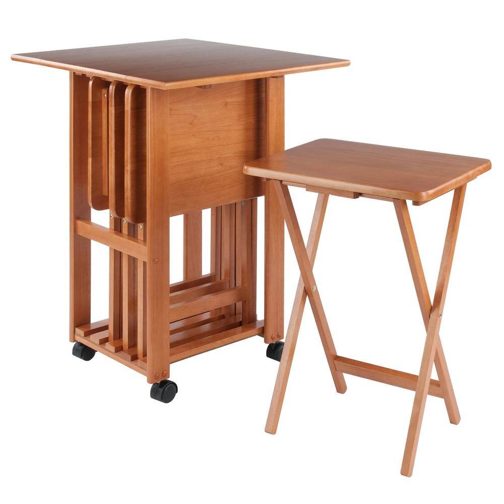 Alt View 6. FurniFact - Teak Folding TV Tray Set – Small Sofa Tables for Living Room & Dining - Teak.