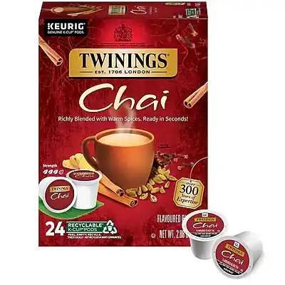 KEURIG
GENUINE K-CUP PODS
TWININGS
EST. 1706 LONDON
Chai
Richly Blended with Warm Spices. Ready in Seconds!
Strength
TWININGS Chai
300 Years of Expertise
24 K-CUP PODS
RECYCLABLE*
FLAVOURED Chai
NET WT. 2.86 OZ (81g)
*Please recycle the pod.
