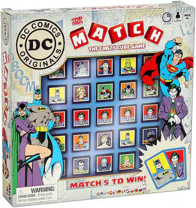 **DC Comics Originals**
**Top Trumps**
**Match: The Crazy Cube Game**
**Help! 10m JTIVULU BUM AGE HELP! 3 IT! L 4. TOP 2 OP PLAYERS TRUMPS COMICS HUM! DC A T H W DC U M GAME THE CRAZY CUBE TAKE 3 I ORIGINALO P! GET S XXCOLCTOCO 2A d D Z+ AGE MINUTE TES 5 TO WIN! MATCH WARNING: JUST parts. TH CHOKING HAZARD - Small HAZARD Small YOU.. children under 3 yrs. W! Not for**
**Age 4+**
**2 Players**
**Match 5 to Win!**
**Warning: Choking Hazard - Small parts. Not for children under 3 yrs.**