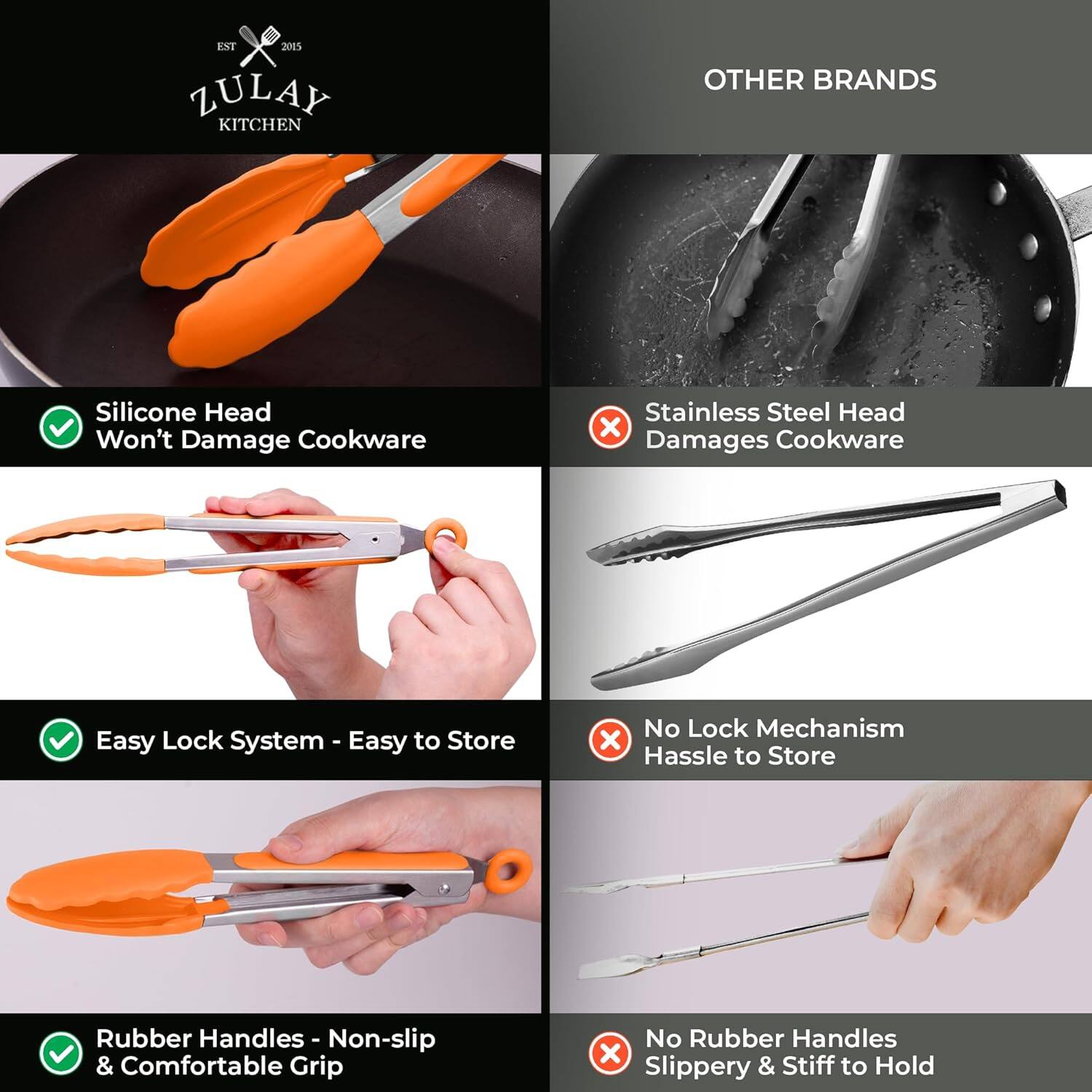 Zulay Kitchen, Other Brands, Silicone Head, Stainless Steel Head, Easy Lock System, No Lock Mechanism, Rubber Handles, No Rubber Handles