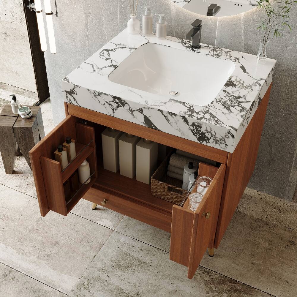 Alt View 2. Loheer - Loheer 30 inch bathroom vanity Freestanding Faux Marble Top Ceramic Sink Walnut - Walnut.