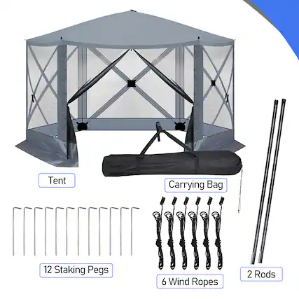 Tent
Carrying Bag
12 Staking Pegs
6 Wind Ropes
2 Rods