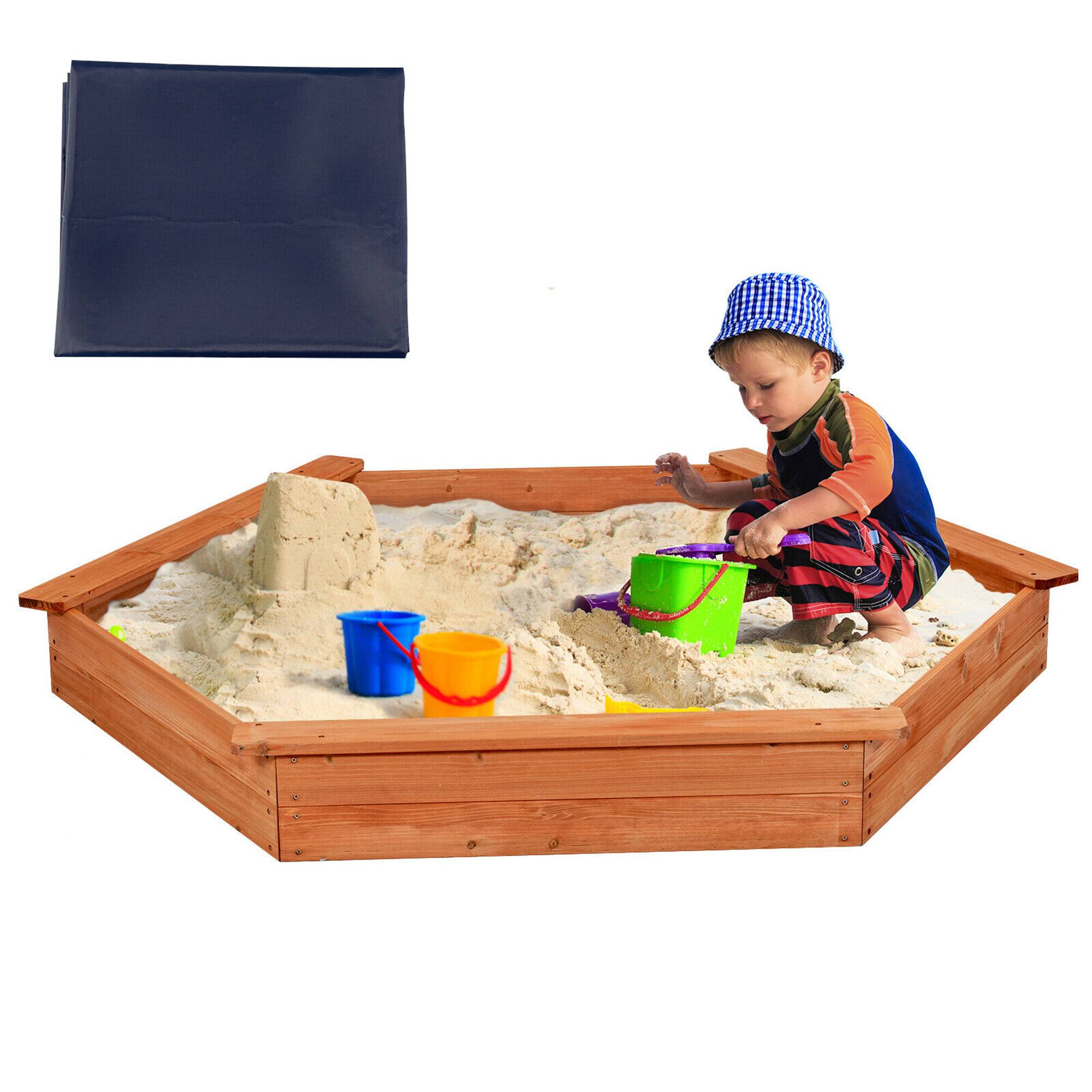 Front. Costway - Costway Hexagon Wooden Cedar Sand Box w Seat Boards & Cover & Ground Liner - Natural.