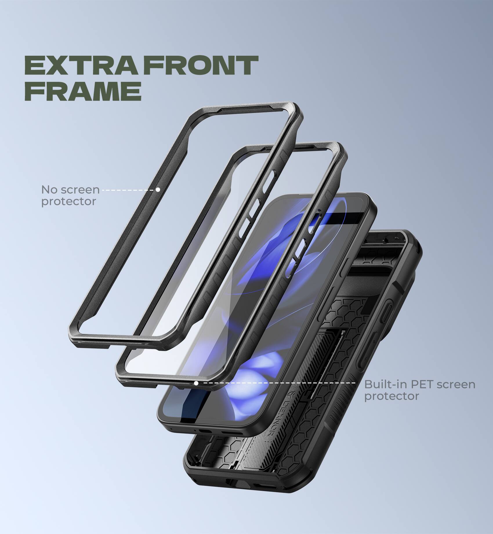 EXTRA FRONT FRAME
No screen protector
Built-in PET screen protector