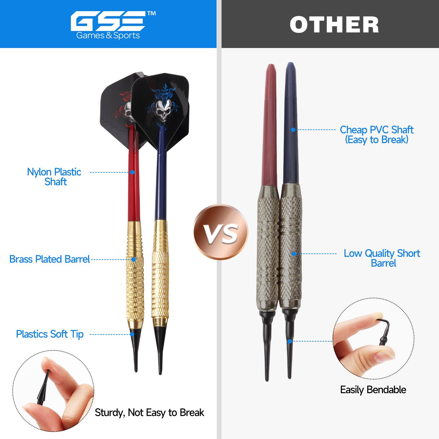 GSE Games & Sports, OTHER, Cheap PVC Shaft (Easy to Break), Nylon Plastic Shaft, Brass Plated Barrel, VS, Low Quality Short Barrel, Plastics Soft Tip, Easily Bendable, Sturdy, Not Easy to Break
