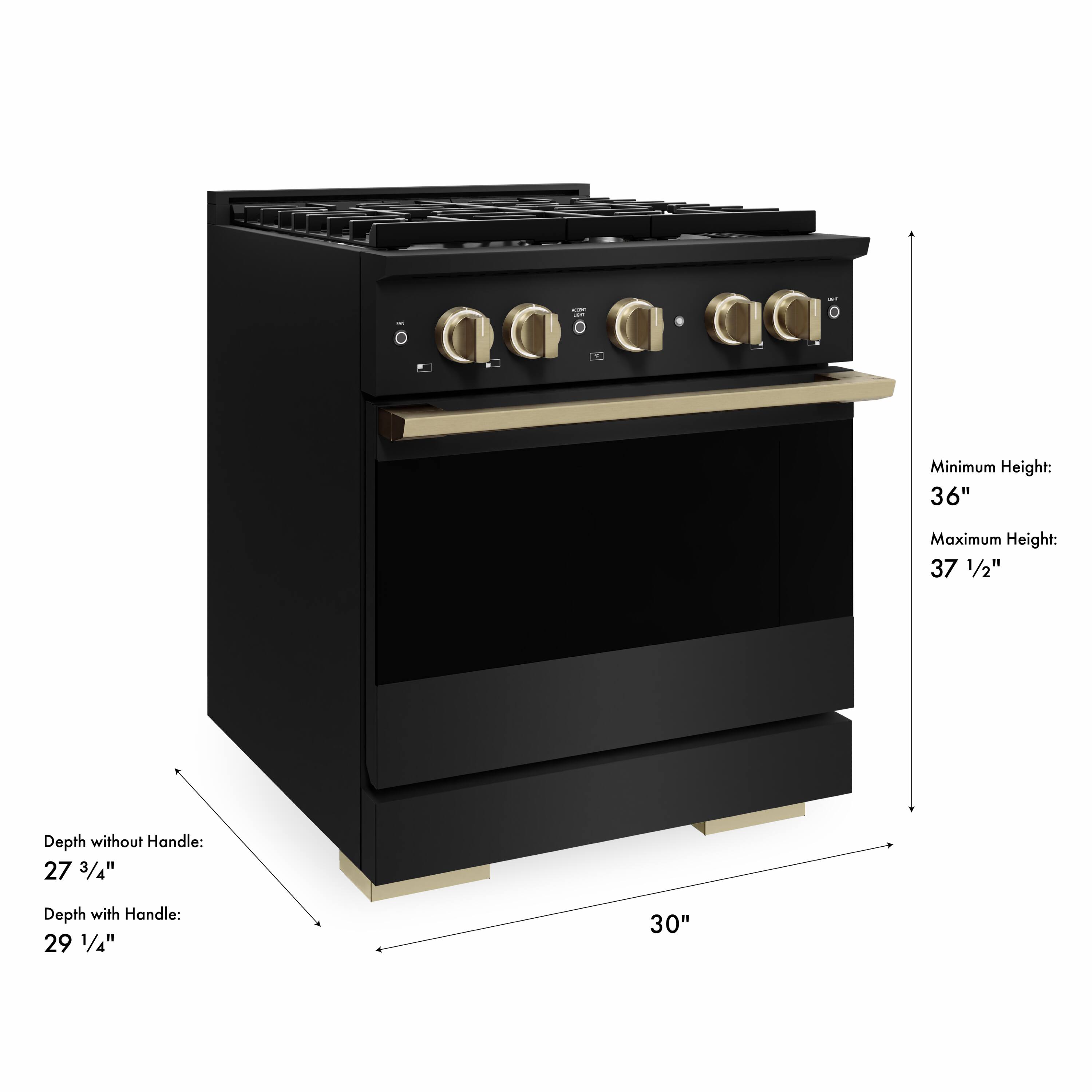 - Minimum Height: 36"
- Maximum Height: 37 1/2"
- Depth without Handle: 27 3/4"
- Depth with Handle: 29 1/4"
- Width: 30"