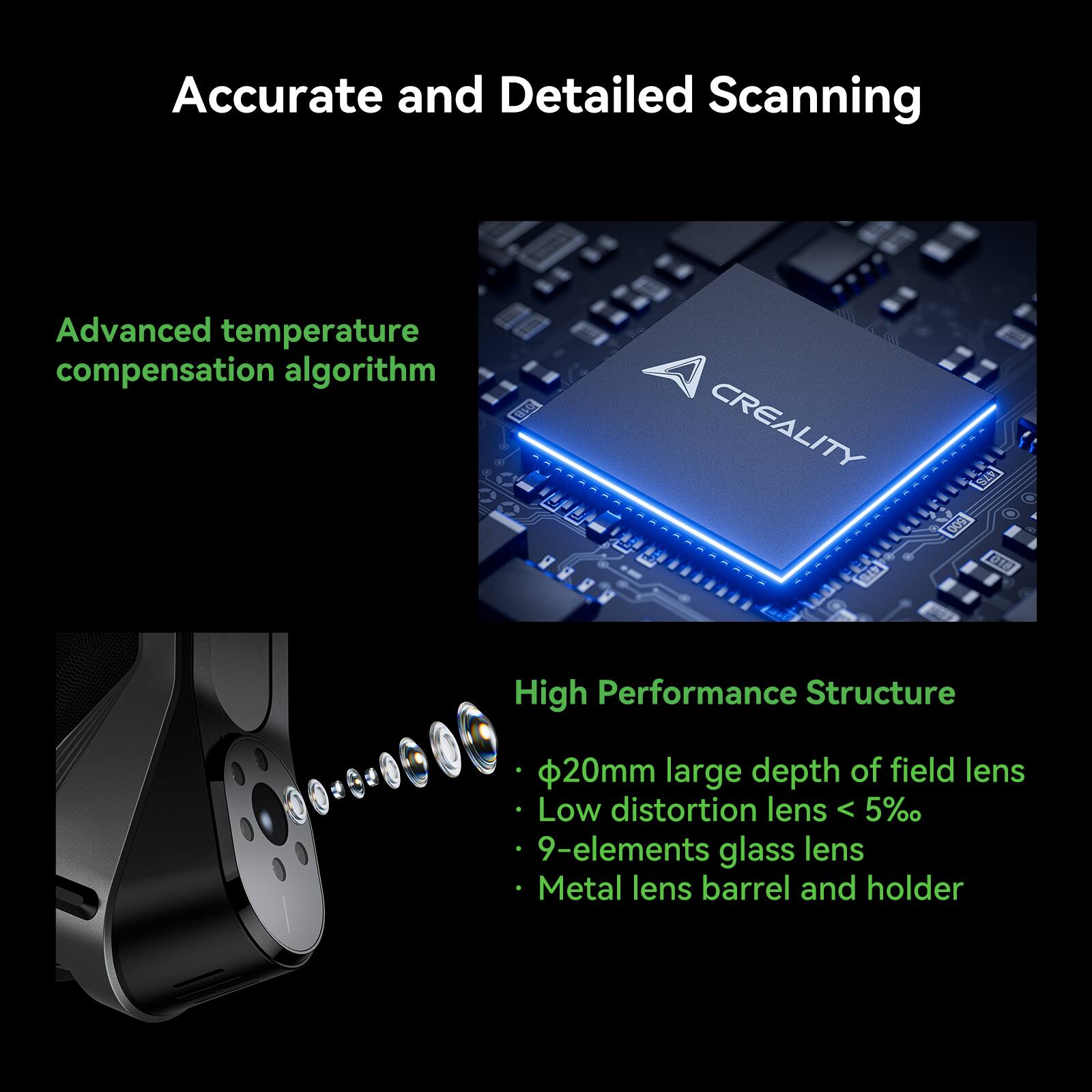 Accurate and Detailed Scanning: Advanced temperature compensation algorithm CREALITY High Performance Structure 20mm large depth of field lens Low distortion lens < 5% 9-elements glass lens Metal lens barrel and holder