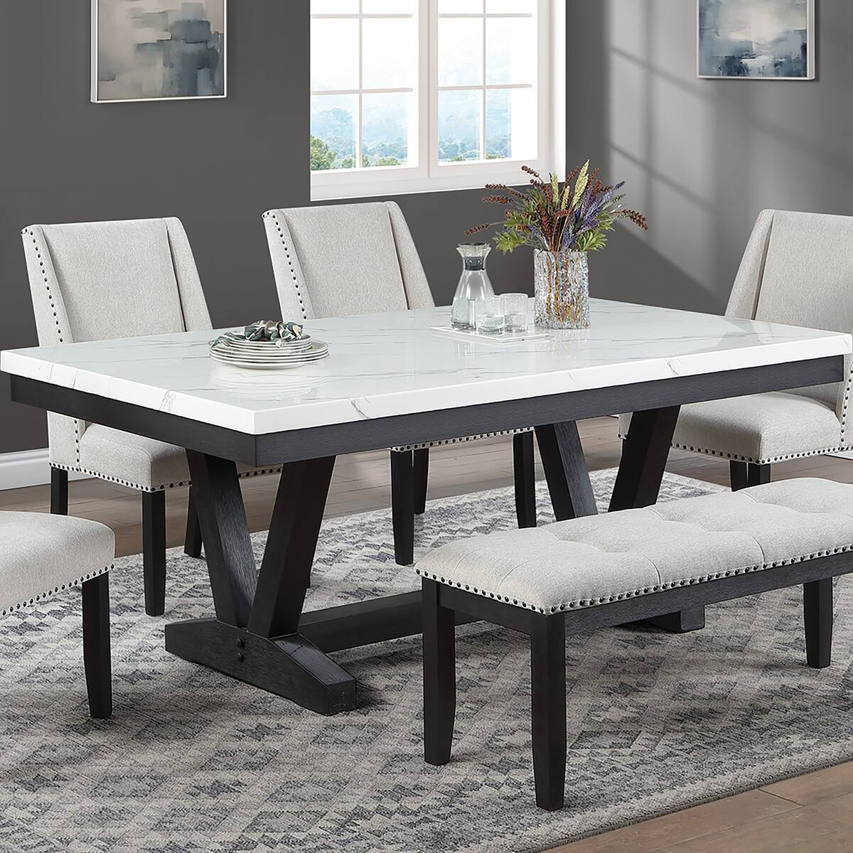 Alt View 1. Loheer - Loheer Rectangular Faux Marble Dining Table Antique Black Six Seat 72 Inch - Antique Black.