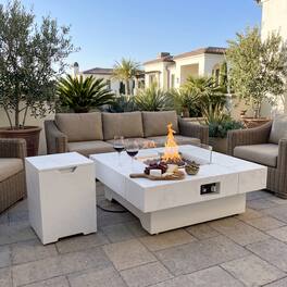 Famapy - 50,000 BTU Outdoor Propane Fire Pit Table with Wind Guard, Tank Hideaway, Cover and Lava Rocks - White