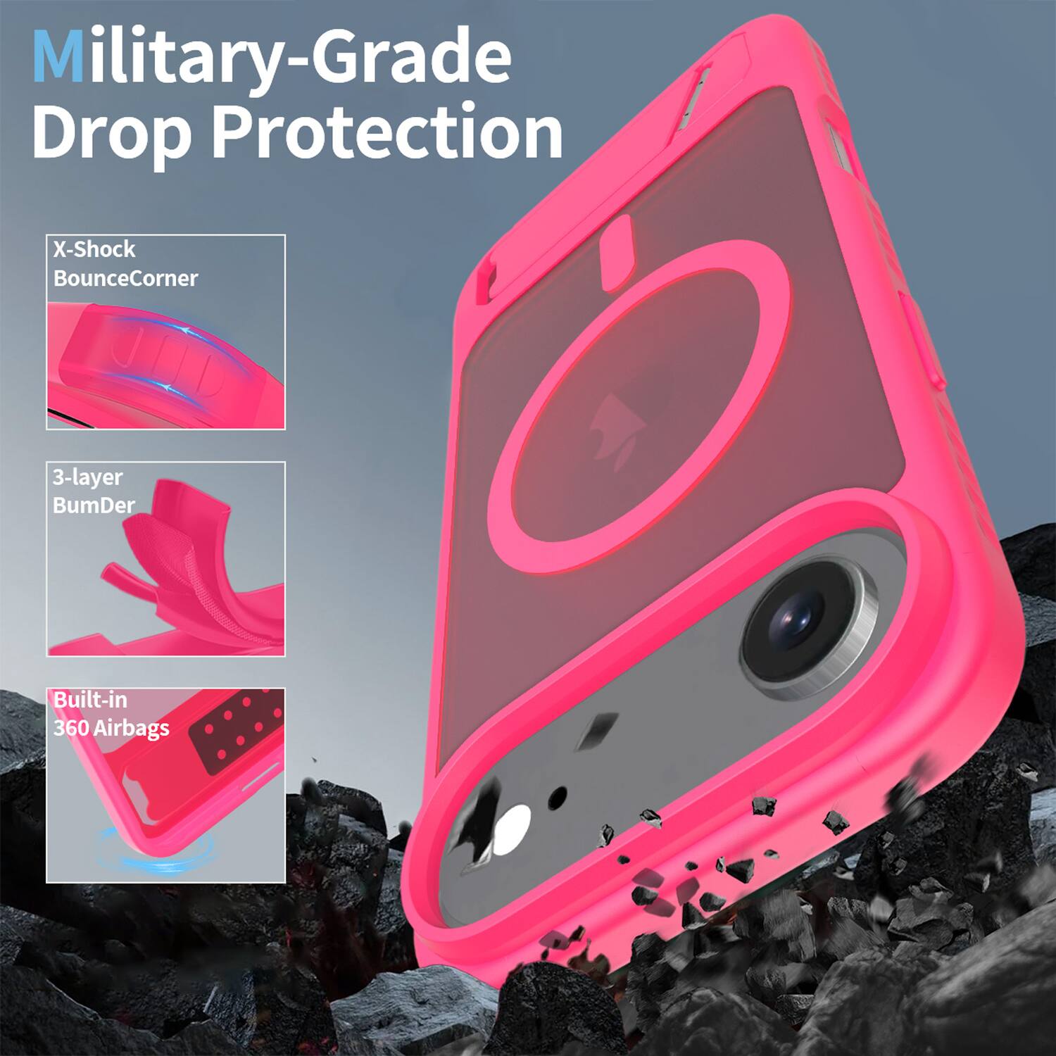 Military-Grade Drop Protection  
X-Shock BounceCorner  
3-layer BumDer  
Built-in 360 Airbags