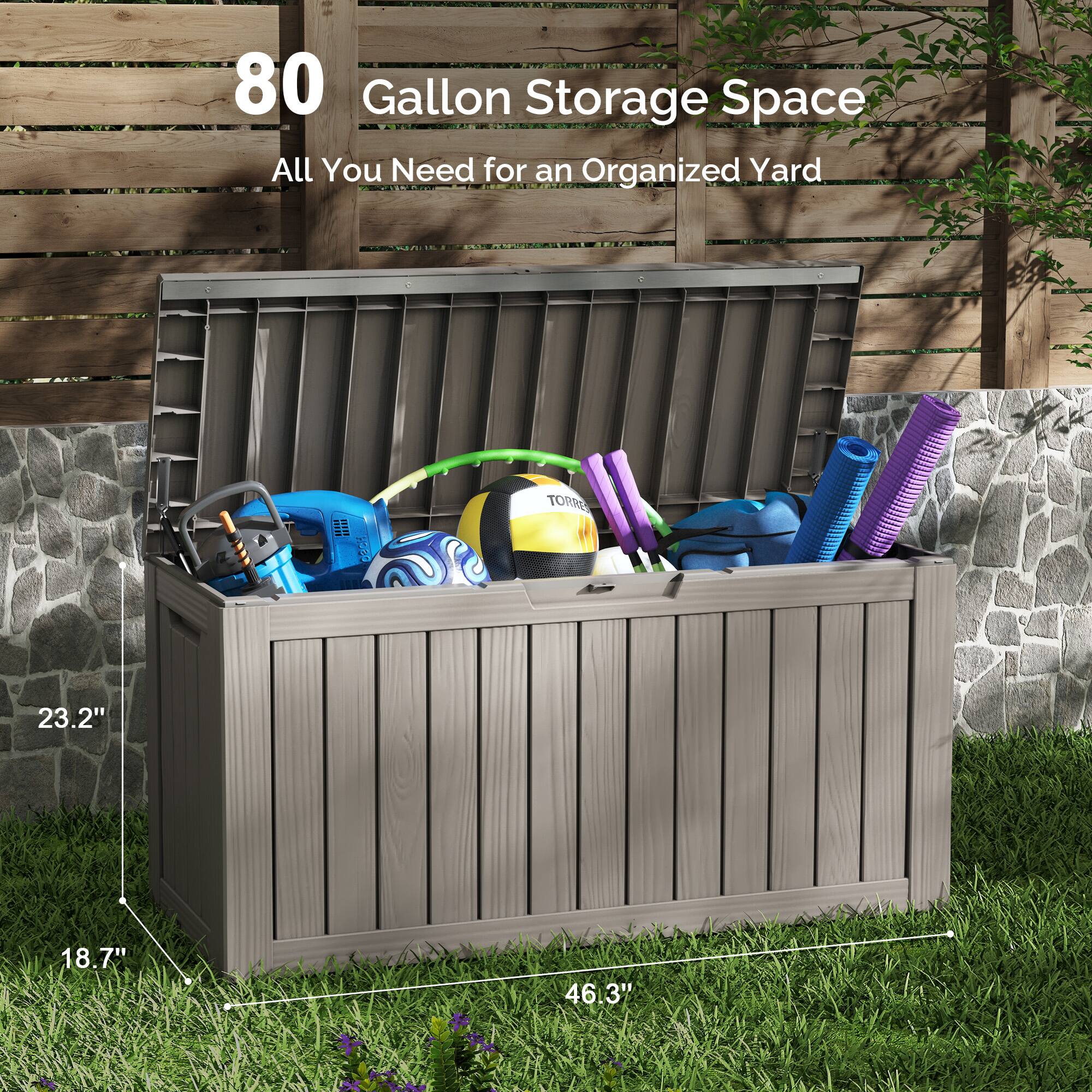 80 Gallon Storage Space  
All You Need for an Organized Yard  

23.2"  
18.7"  
46.3"