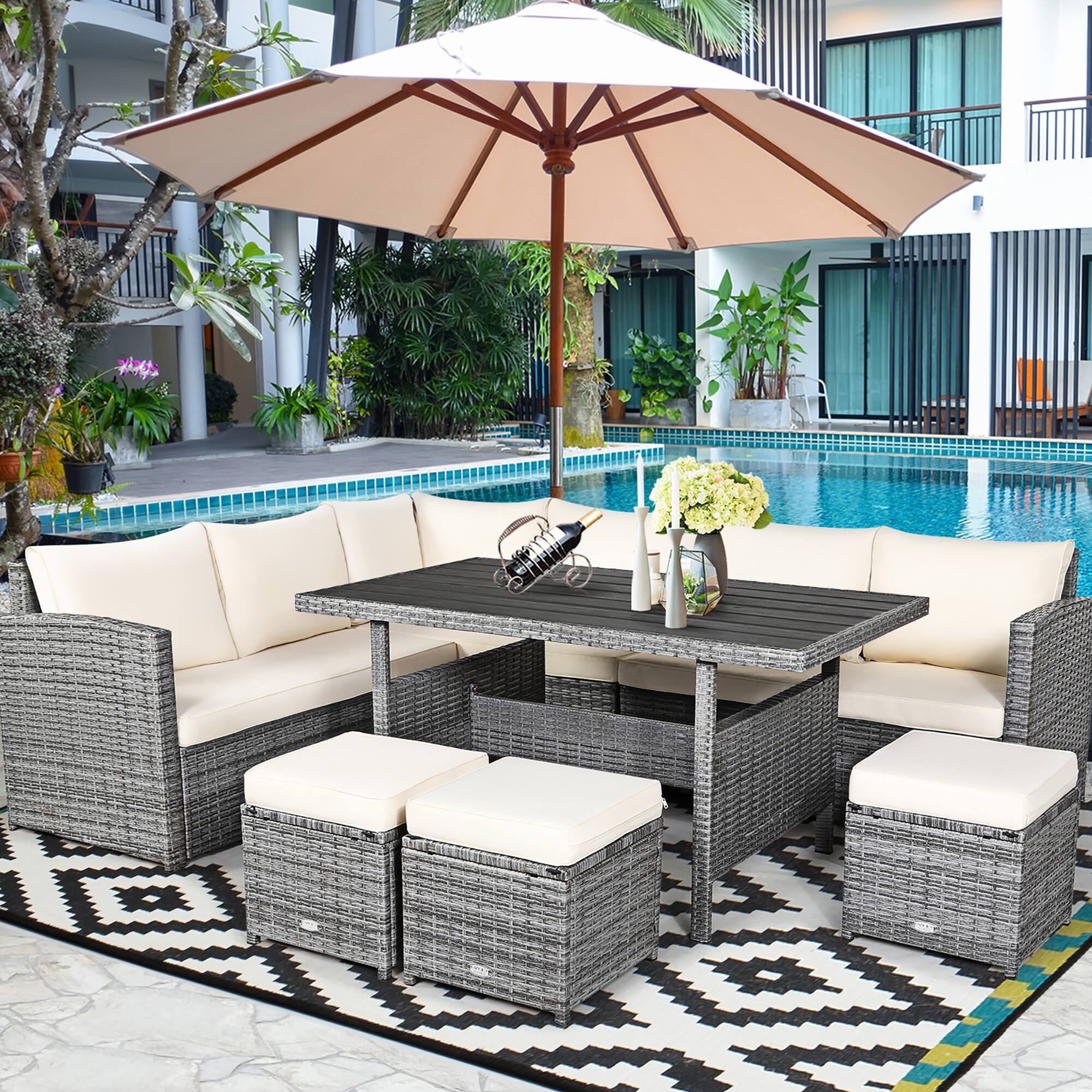 Alt View 1. Costway - 7 PCS Patio Rattan Dining Set Sectional Sofa Couch Ottoman Garden - White.
